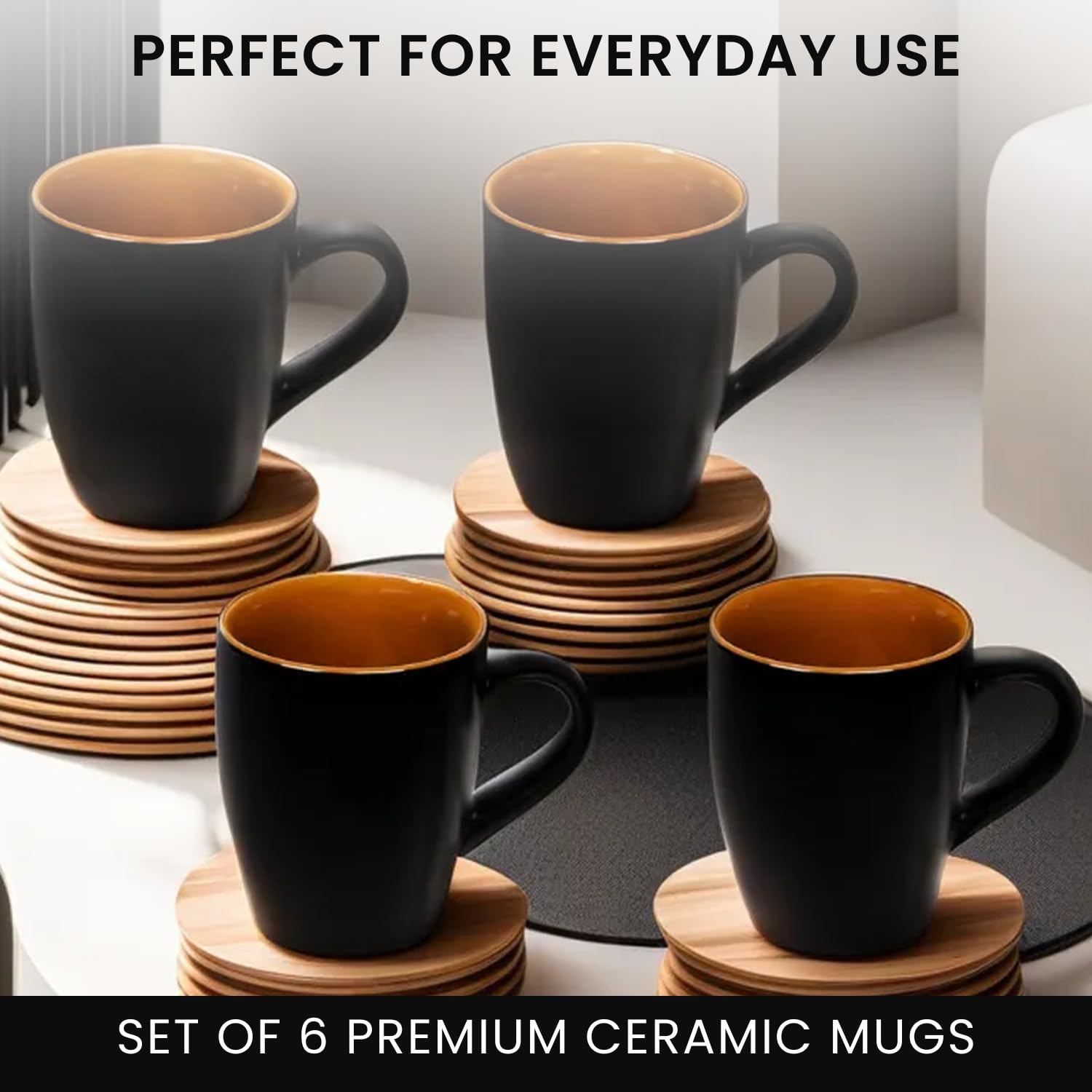 Premium Ceramic Coffee Mugs Set of 6 - 275ml Black Matte Finish - Microwave & Dishwasher Safe - Food Grade - Perfect for Home, Office or Gift Giving