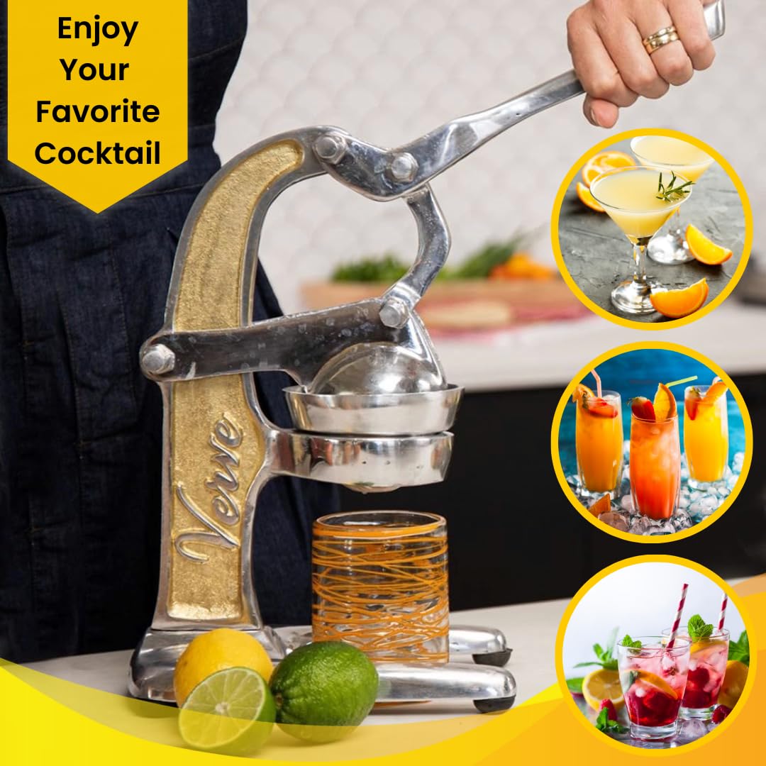 Premium Cast Aluminum Manual Citrus Juicer - Heavy Duty Hand Press for Oranges, Grapefruits & Large Fruits | Perfect for Fresh Morning Juice, Healthy Drinks, Cocktails & Cooking | Verve CULTURE Gold 14x9x17 Inch