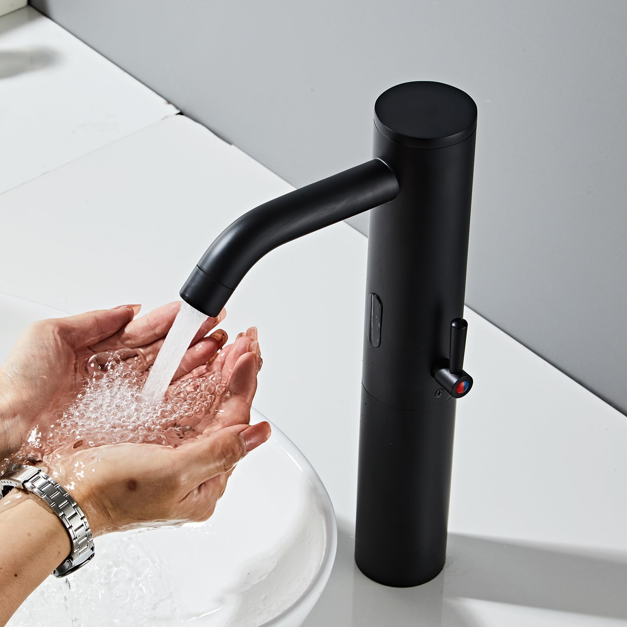 Matt Black Touchless Bathroom Vanity Faucet - Tall Automatic Motion Sensor Faucet with Temperature Control Rod | Hands-Free Sink Mixer for Modern Bathrooms, Kitchens & Public Restrooms
