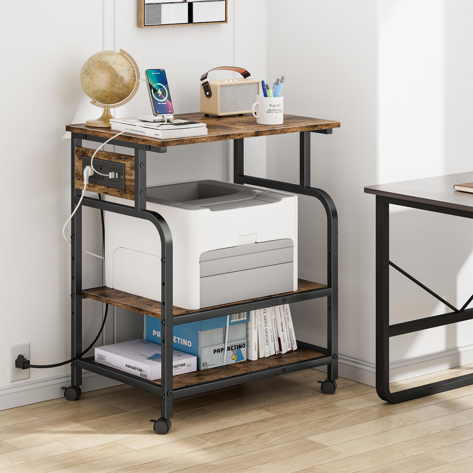 3 Tier Large Printer Stand with Power Outlet & USB Port - Adjustable Rolling Cart for 3D Printer, Heat Press, Laser Printer - Rustic Brown Storage Shelf - Perfect for Home Office, Workshop & Craft Room Organization