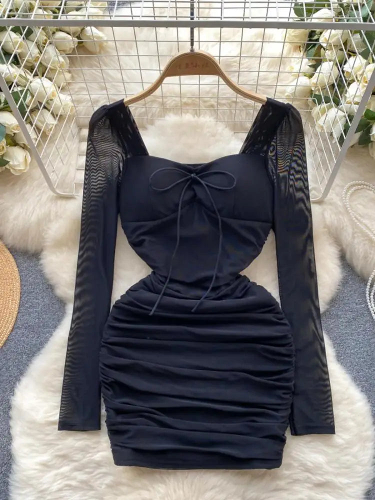 Elegant Black & Pink Mesh Mini Dress for Women - French Purple Square Collar Lace-Up Pleated Party Dress | Perfect for Date Night, Cocktail Parties & Special Occasions