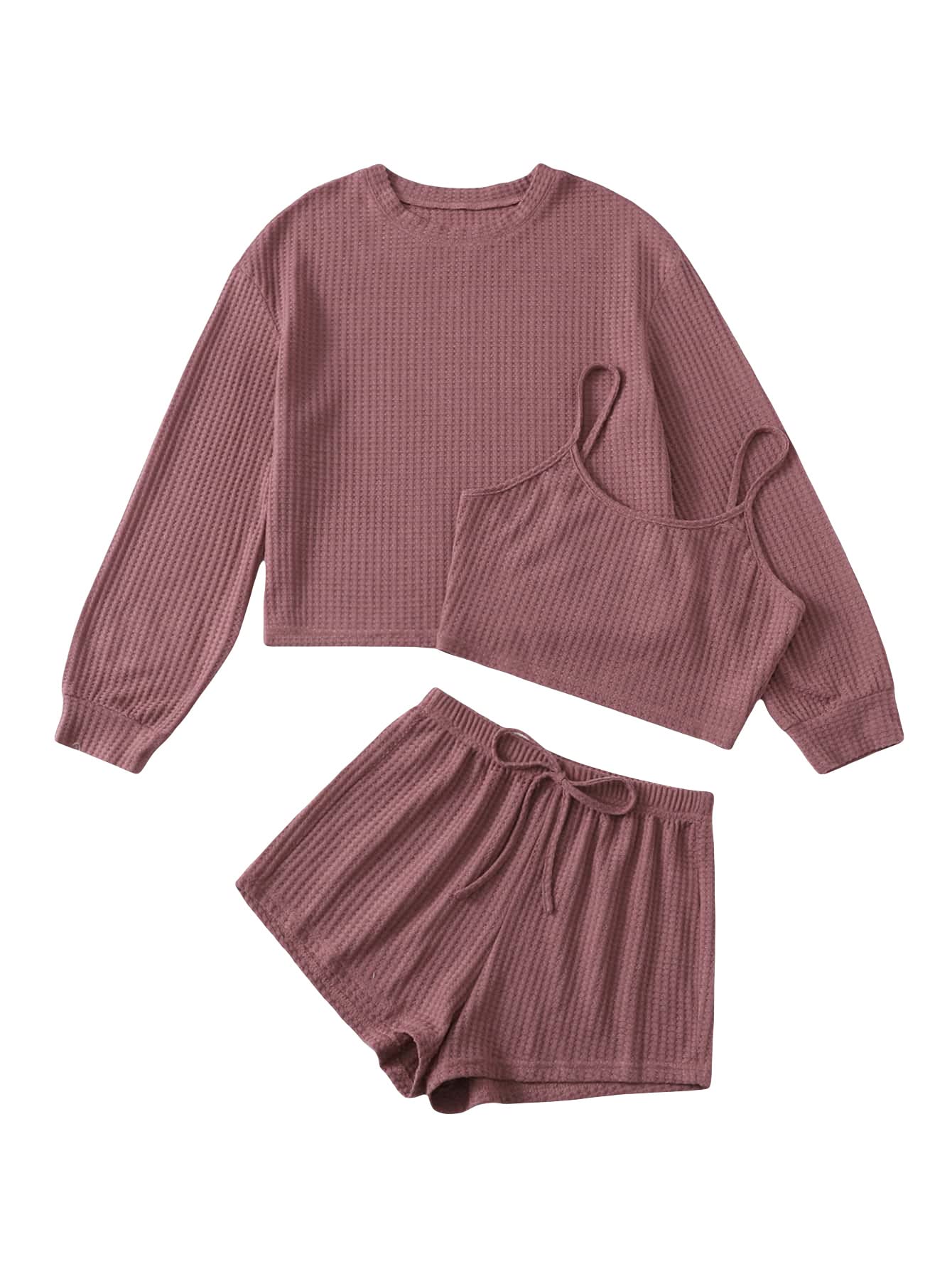 COZYEASE Women's 3-Piece Lounge Set - Ribbed Knit Cami Top, Long Sleeve Tee & Shorts Pajama Set | Soft Sleepwear for Home, Travel & Relaxation