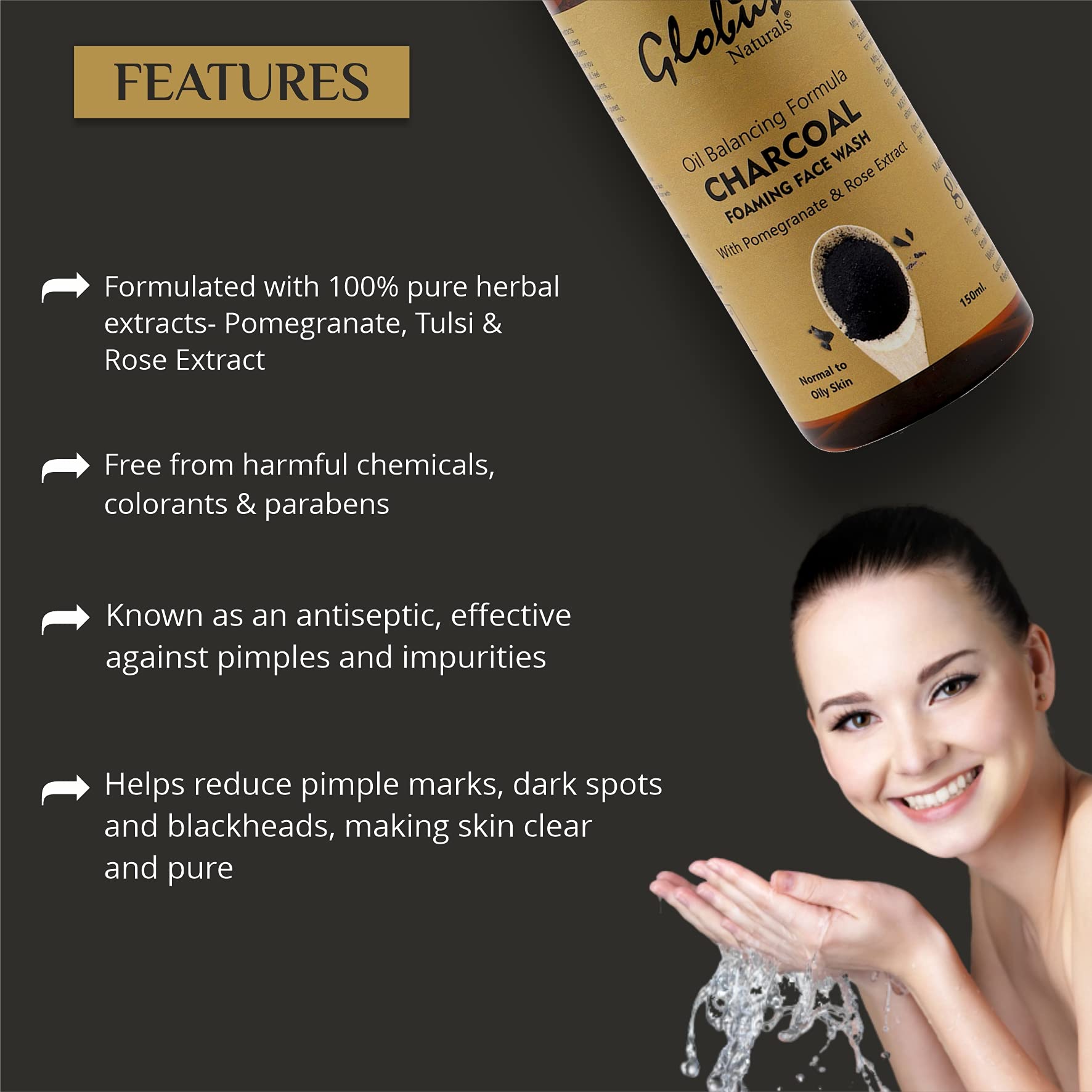 Globus Naturals Charcoal Anti-Pollution Acne Control Foaming Face Wash with Rose, Manjistha, Banana, Pomegranate, Aloe Vera, Neem & Tulsi - 150ml | Deep Cleansing for Oily & Acne-Prone Skin | Daily Skincare Routine for Clear Complexion