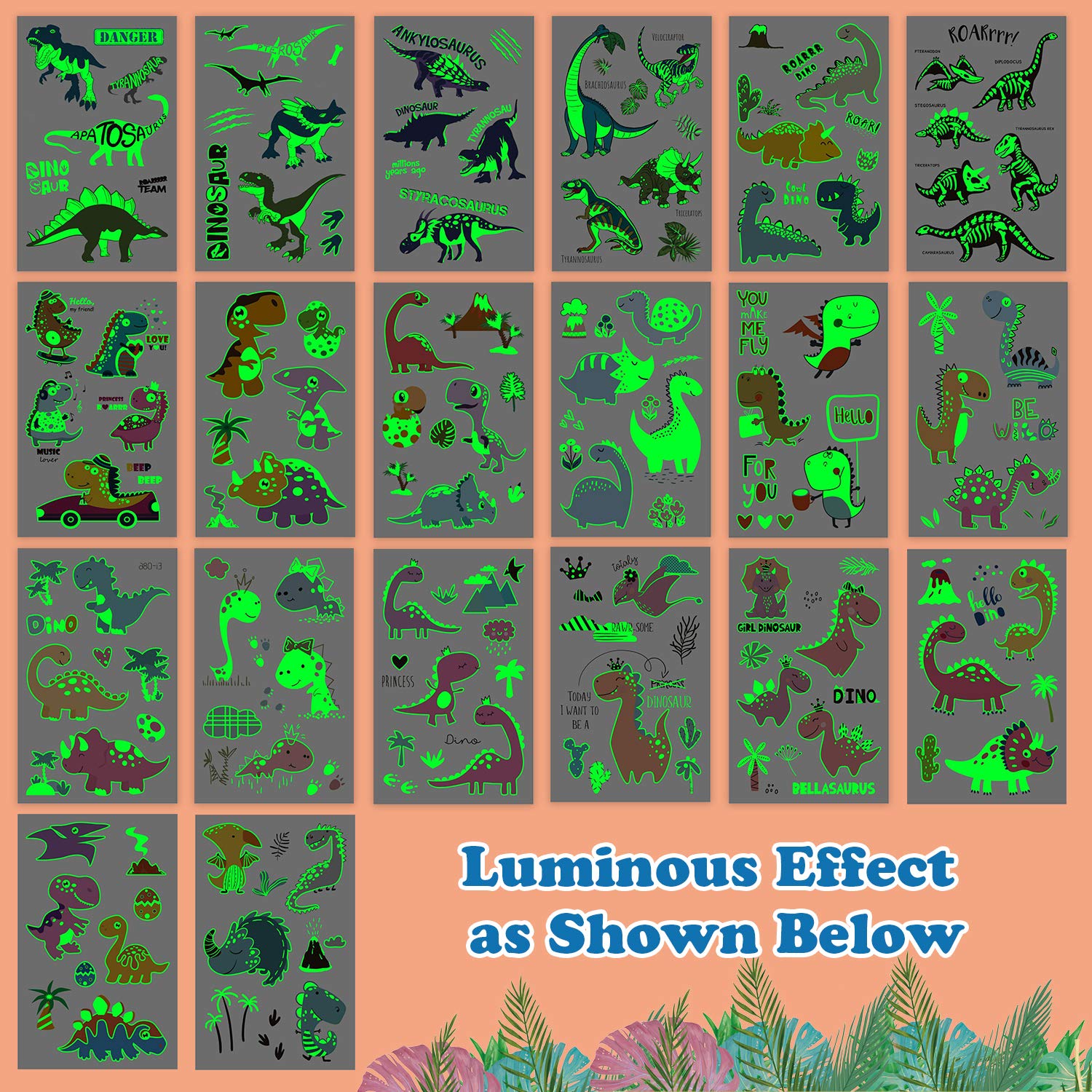 160 PCS Glow in the Dark Dinosaur Temporary Tattoos for Kids - Fun Party Favors, Birthday Decorations, Stocking Stuffers for Boys & Girls (20 Sheets) - Perfect for Birthday Parties, Halloween Costumes & Dinosaur Themed Events