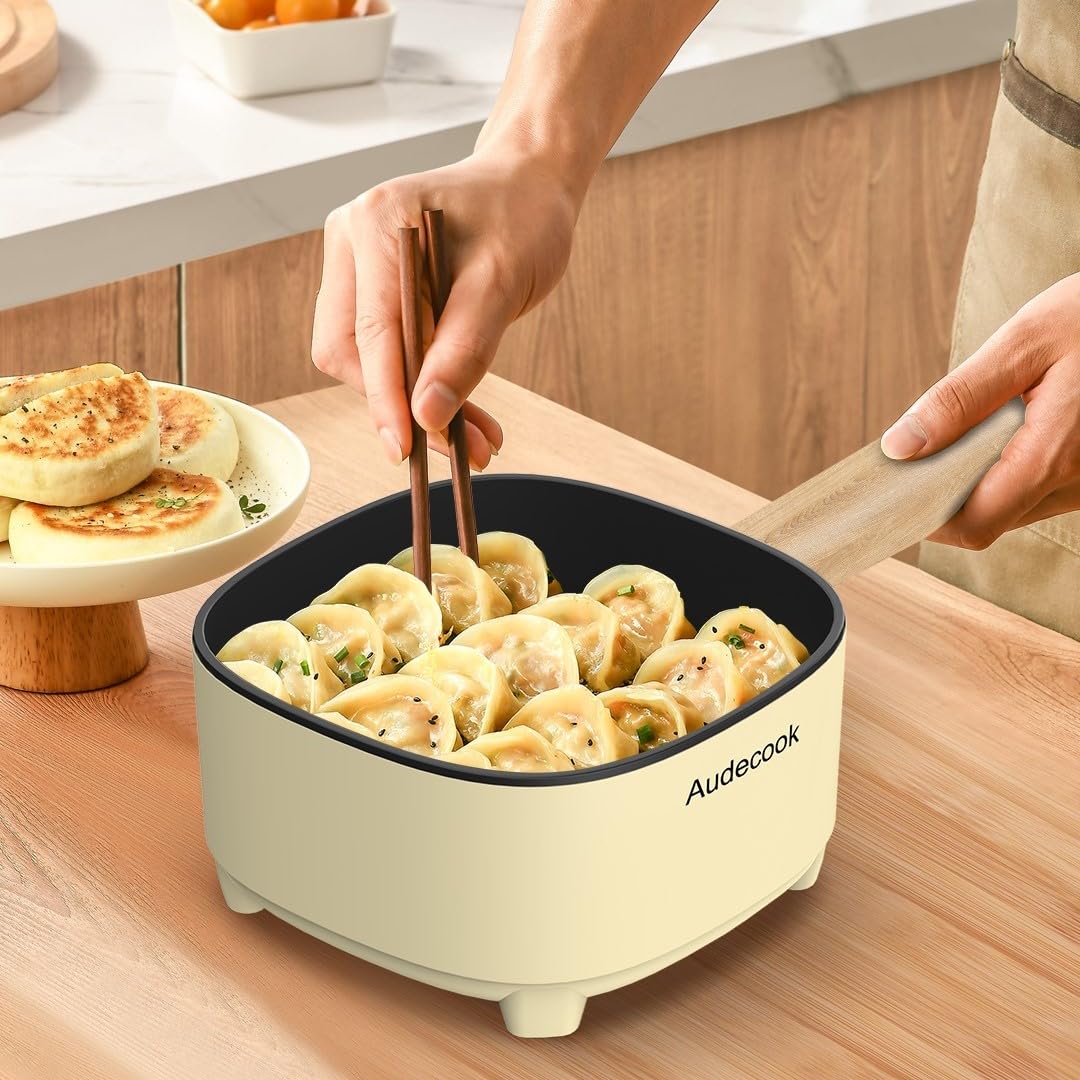 Audecook 2L Electric Hot Pot with Ceramic Non-Stick Coating, 8-Inch Portable Travel Cooker for Ramen, Steak, Fried Rice & Soup - Dual Power Control - Perfect for Dorms, Camping & Small Kitchens (Includes Silicone Spatula)