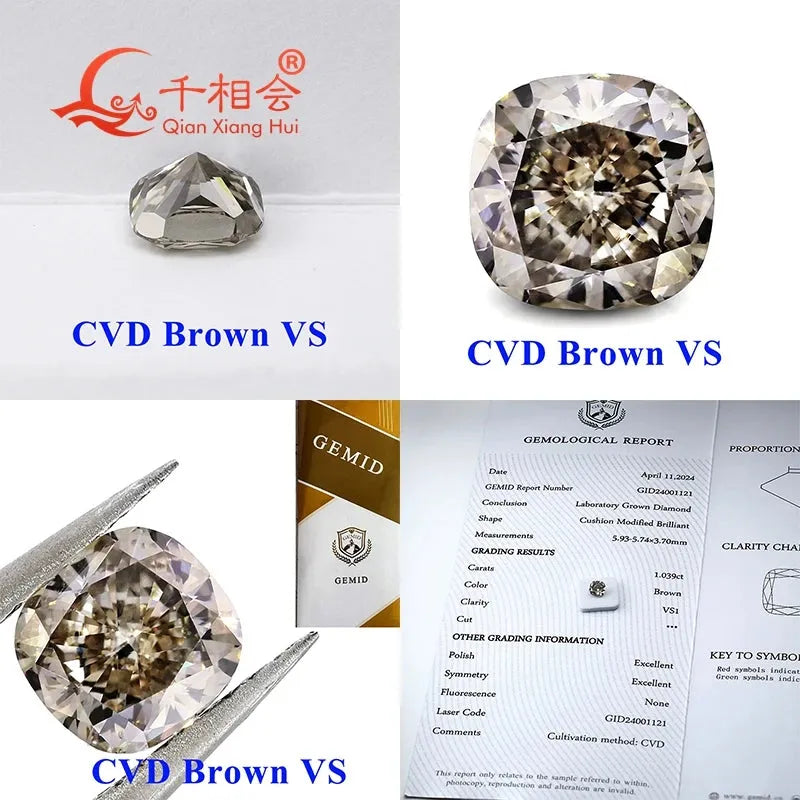 1.5ct Brown CVD Lab Grown Diamond - VS/SI Clarity, Cushion Shape, GEMID Certified Loose Stone for Jewelry Making & Engagement Rings