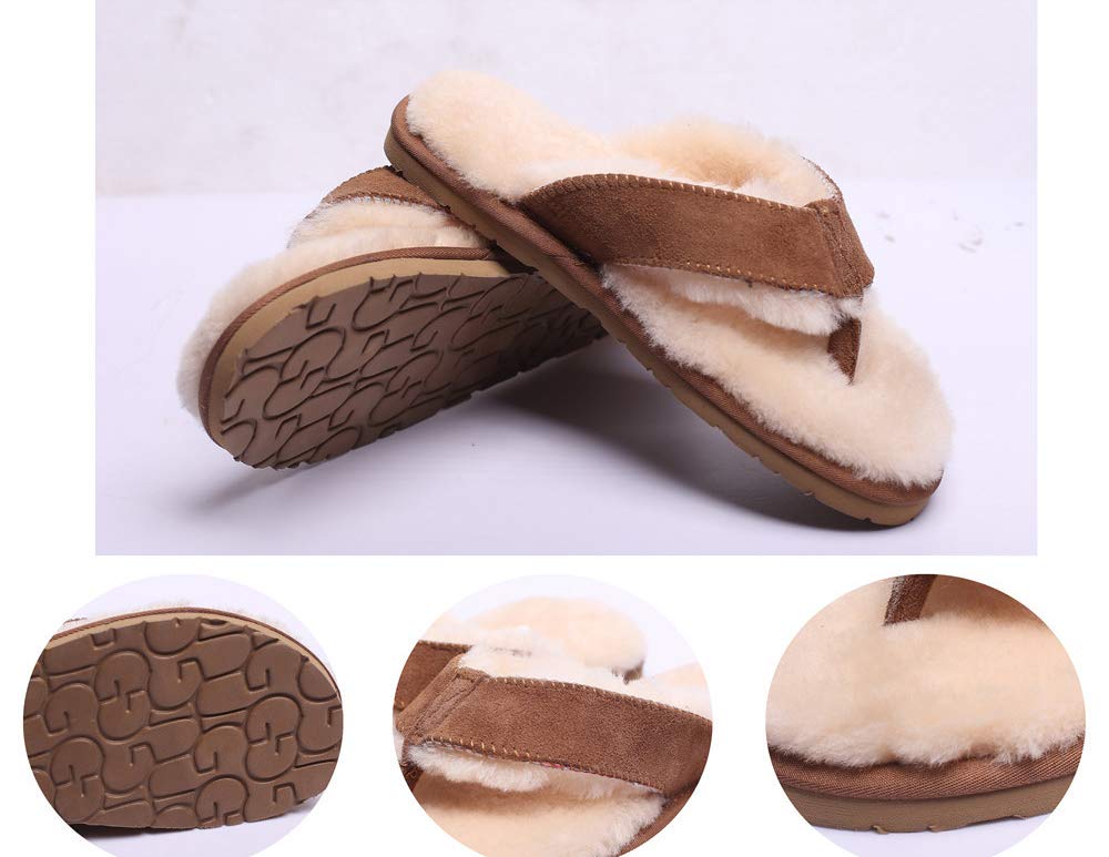 Genuine Sheepskin Fur Lined Flip Flops - Winter Warm Unisex Slides with Real Sheep Leather & Suede Sole for Men & Women | Cozy Indoor/Outdoor House Slippers for Cold Weather Comfort