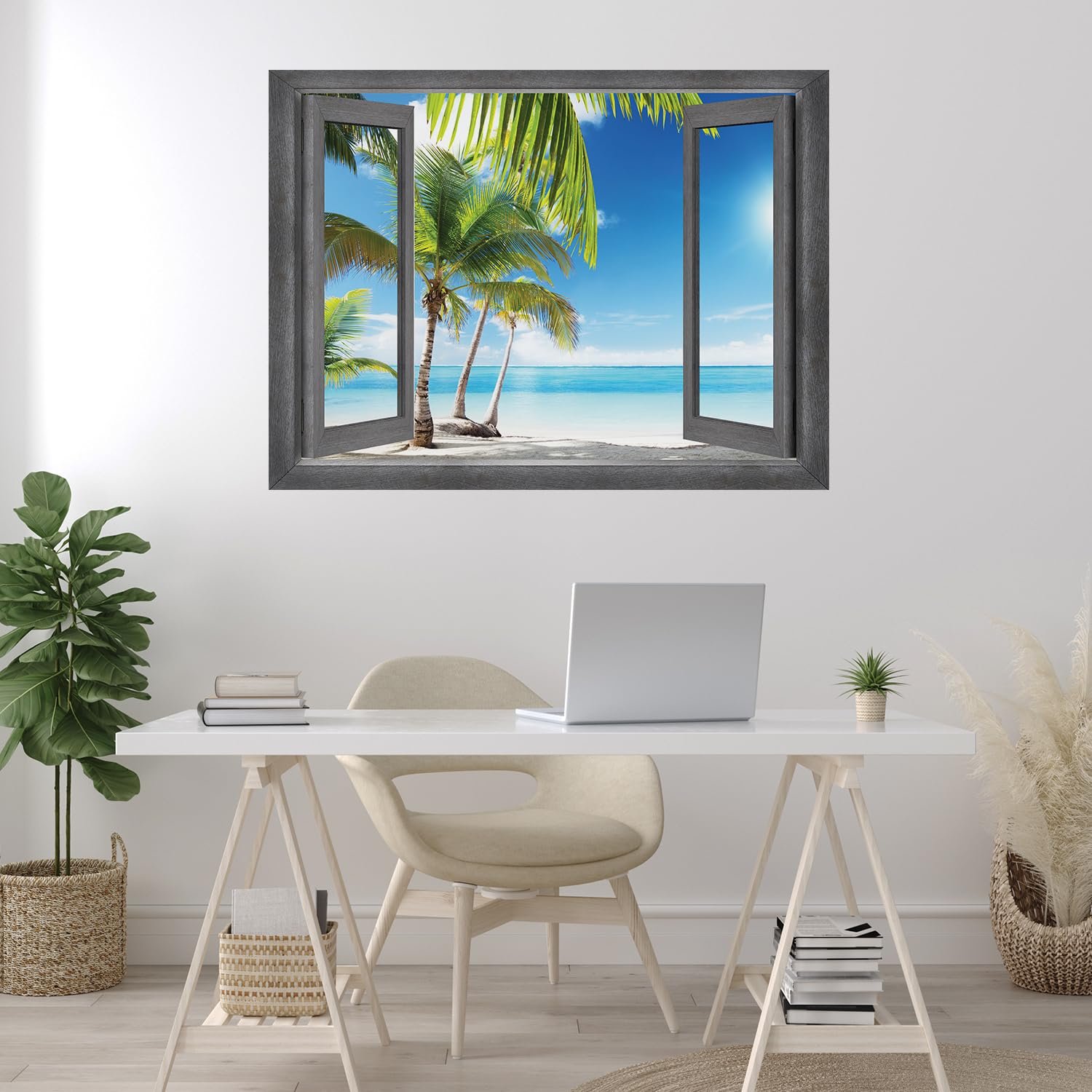 Wall26 - Open Window Tropical Palm Tree Paradise Wall Mural - Removable Peel & Stick Wall Decal - 36x48 Inches Home Decor - Perfect for Living Room, Bedroom, Office & Nursery Wall Art