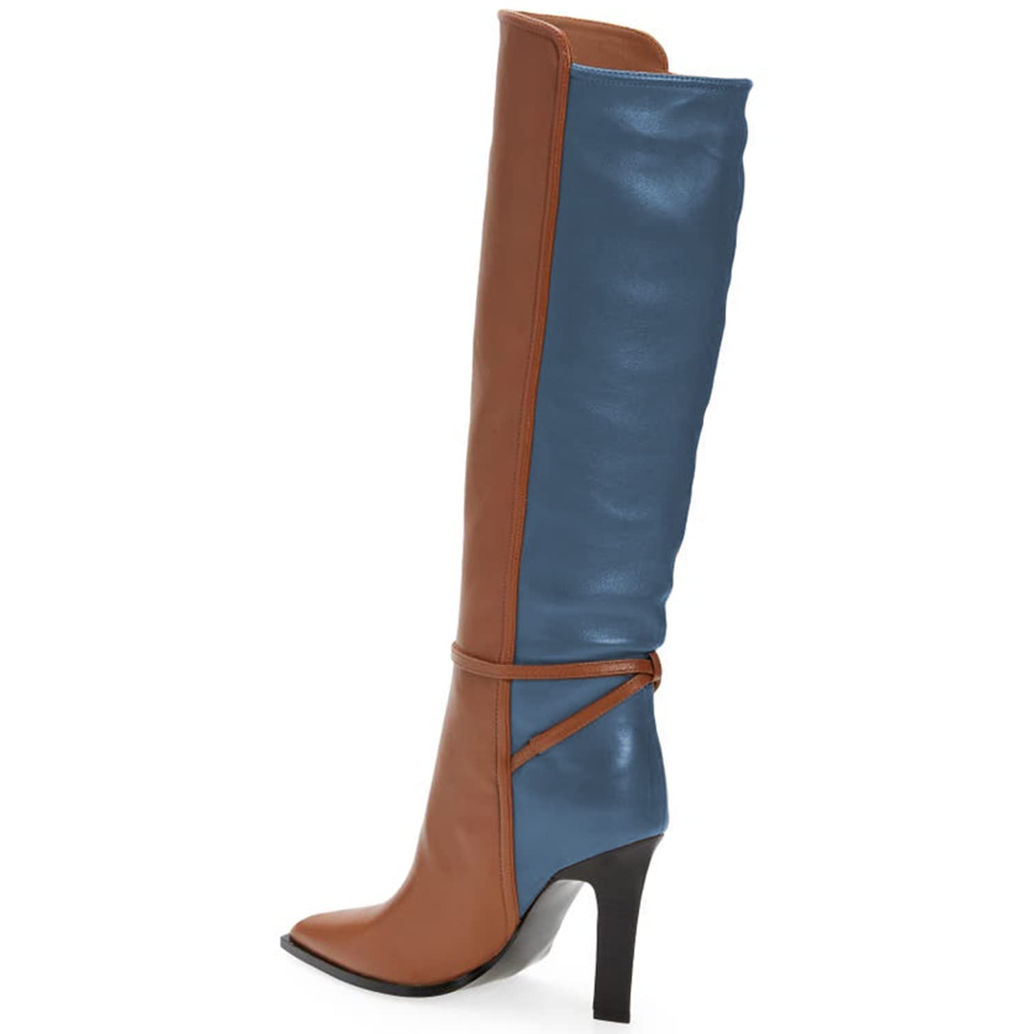 Women's FOWT Spring Fashion Two-Tone Snakeskin Pull-On Knee High Boots - Brown Elegant Ankle Strap Pointed Toe Thin High Heel Dress Shoes for Office, Party & Evening Wear (US Size 4-16 M)