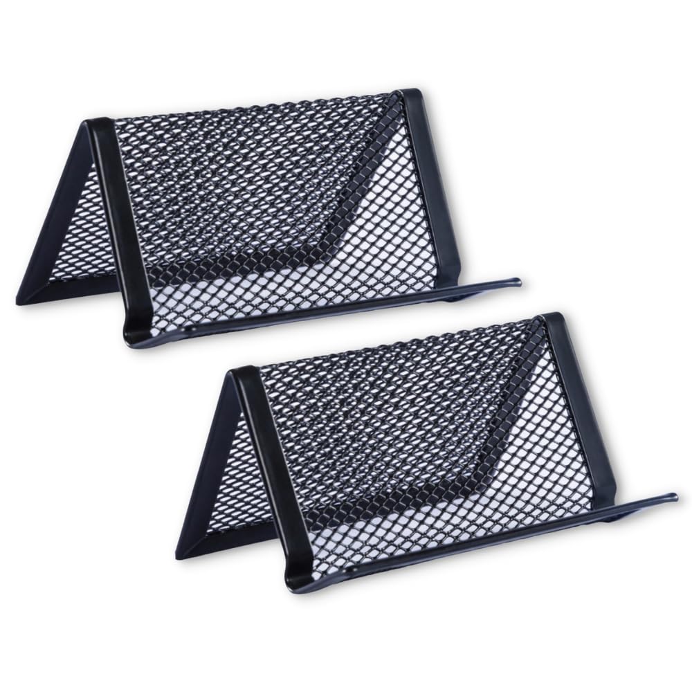 1InTheOffice Mesh Business Card Holder Stand - 2 Pack Black Desk Organizer with 1 Compartment | Perfect for Office, Reception & Professional Workspaces