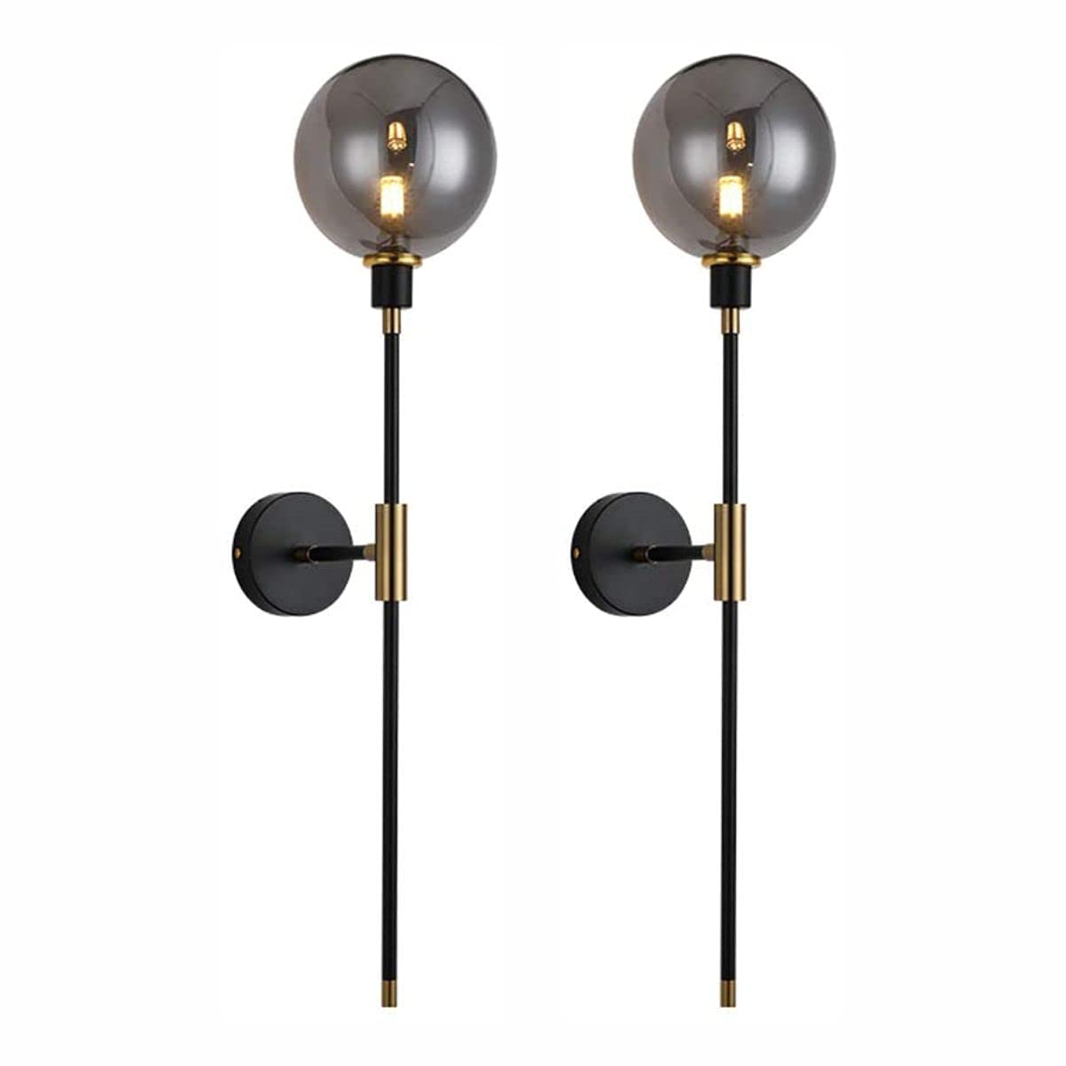 Modern Glass Globe Wall Sconce Light Set of 2 - Brass & Black Contemporary Lighting with Smoke Glass for Hallway, Bedroom, or Living Room - Large Long Sconce Wall Lights for Home Decor