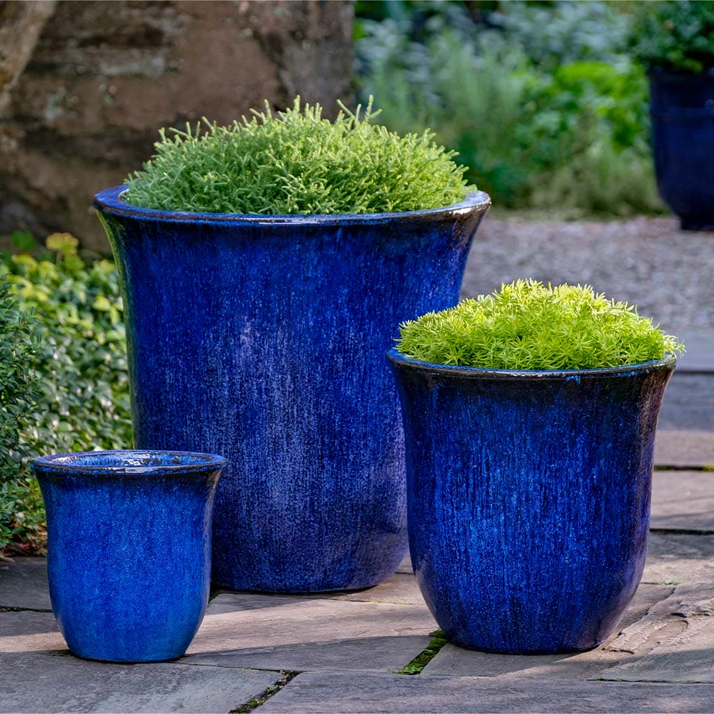 Campania International Riviera Blue Ceramic Campana Planters - Set of 3 for Indoor/Outdoor Home Decor, Garden, Patio & Office Plants