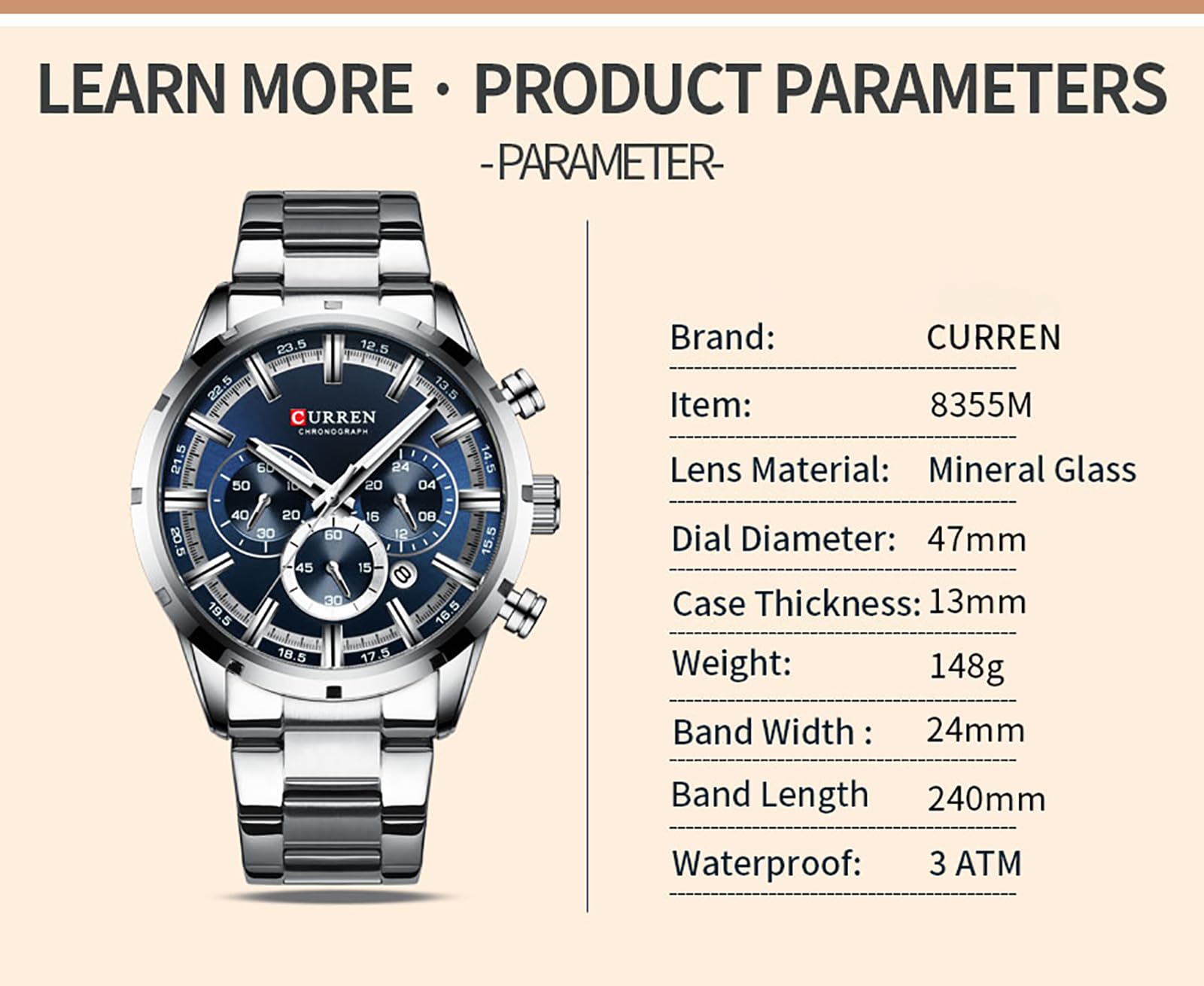 Luxury Men's Stainless Steel Analog Quartz Watch - Waterproof Business Chronograph Dress Wristwatch for Formal & Casual Wear | Perfect for Office, Parties & Everyday Use