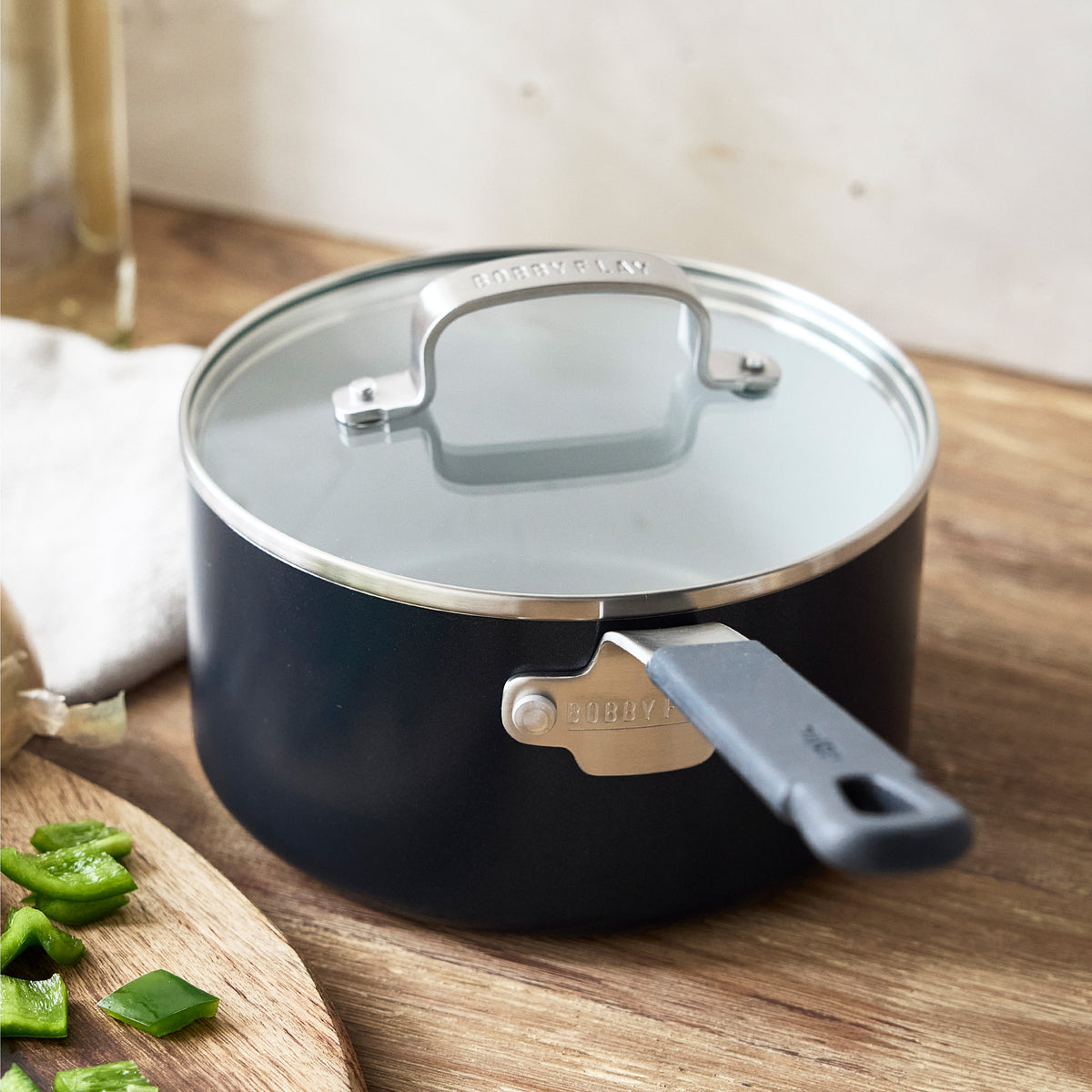 Bobby Flay by GreenPan Professional Ceramic Nonstick 2.53 Quart Saucepan with Lid - Oxford Blue | Healthy Cooking, Sauce Making, Pasta & Soup Pot for Home Chefs