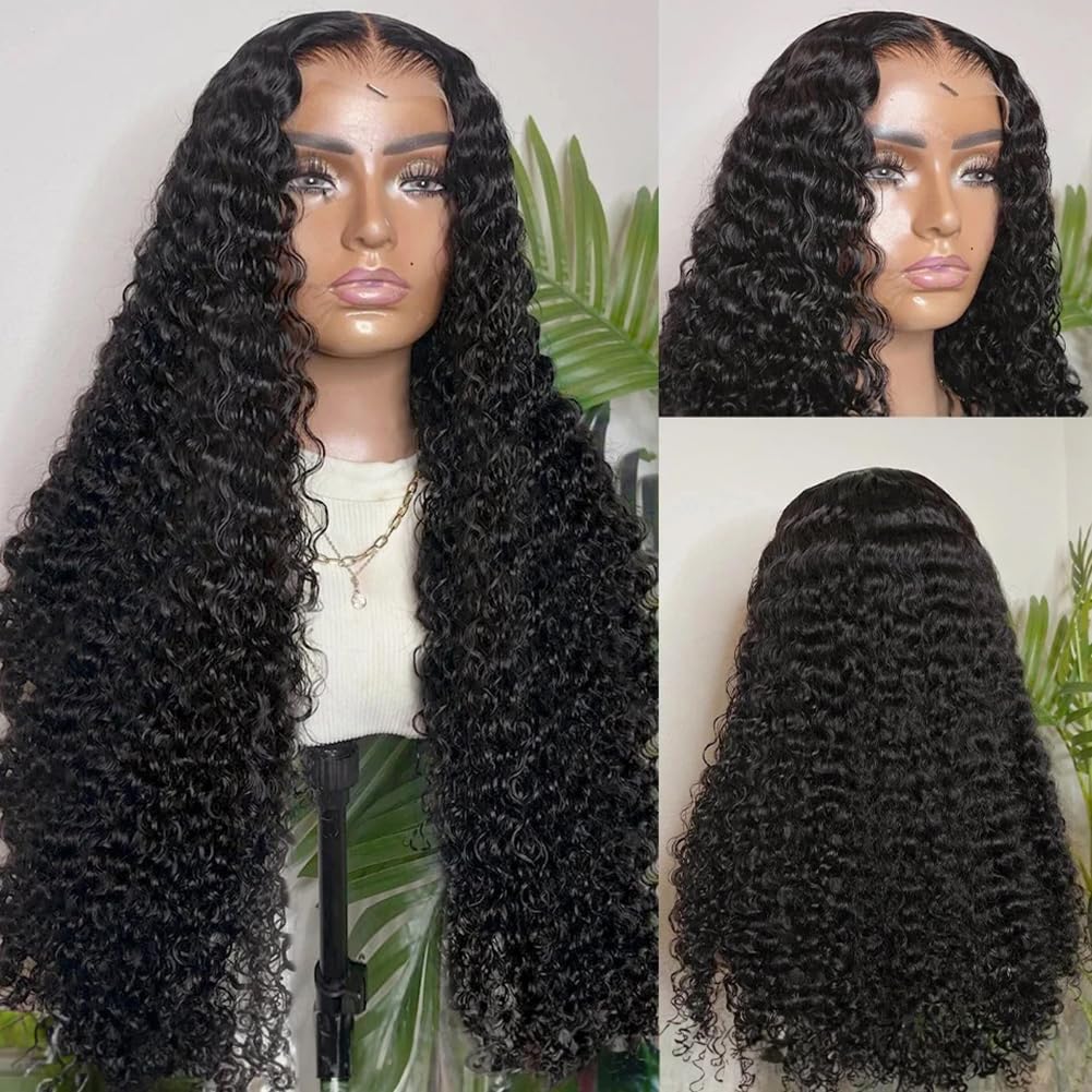 22 Inch Deep Wave Lace Front Wig Human Hair 200% Density 13x4 HD Curly Lace Frontal Glueless Wig for Women - Pre Plucked Natural Black Color for Daily Wear, Parties & Special Occasions