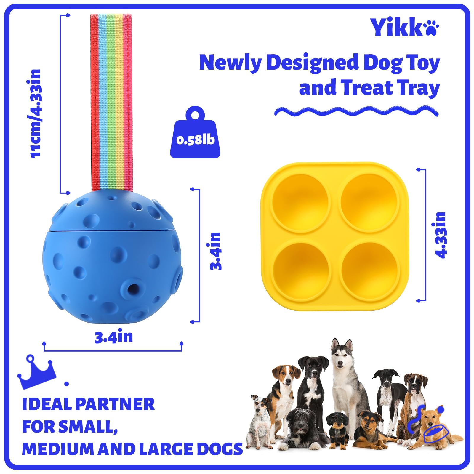Yikko Interactive Dog Puzzle Toy - Fillable Frozen Enrichment Ball for Small to Large Dogs (10-80Lbs) | Durable Rubber Chew Toy for Indoor & Outdoor Play | Easy to Clean | Perfect Gift for Dog Birthday, Christmas & Training (Blue)