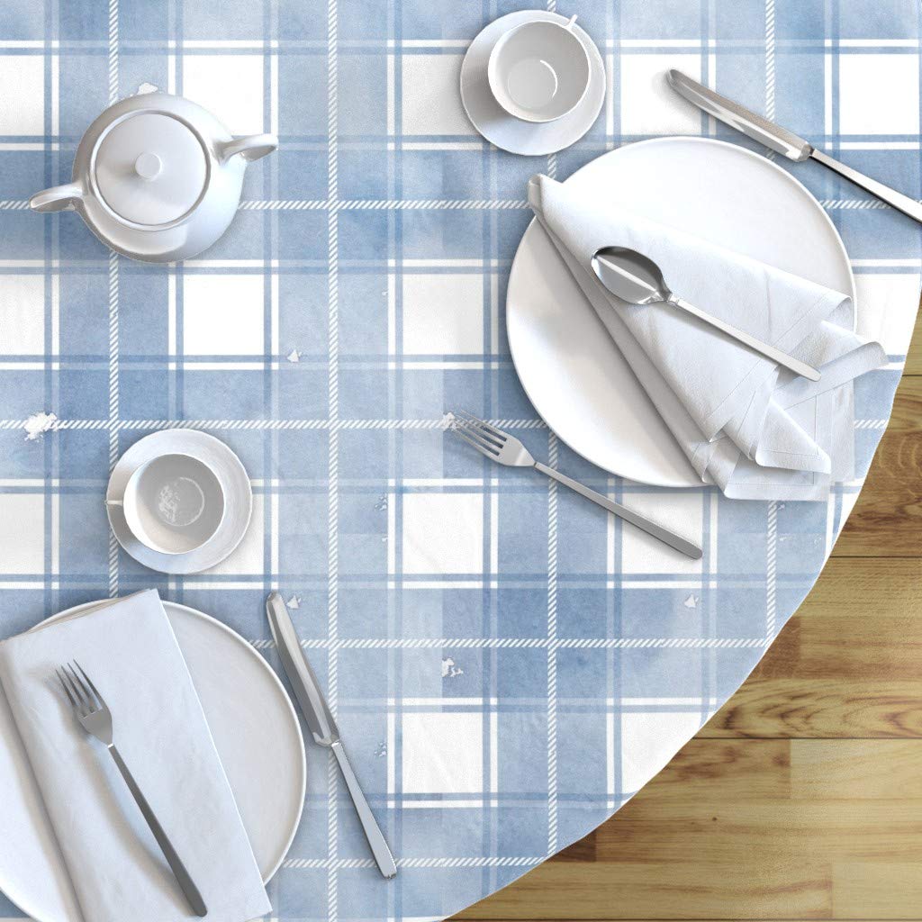 Blue Watercolor Plaid Cotton Sateen Tablecloth 70