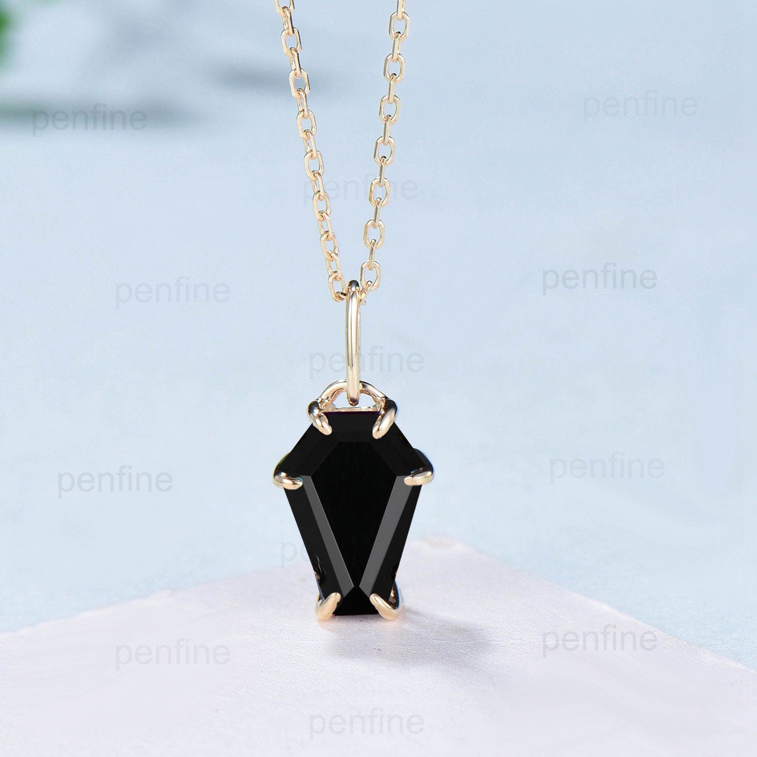Natural Minimalist Black Onyx Coffin Necklace - 14K/18K Rose Gold U-Shaped Pendant - Vintage Unique Personalized Jewelry for Women - Perfect for Gothic Fashion, Halloween Costumes & Alternative Style Outfits