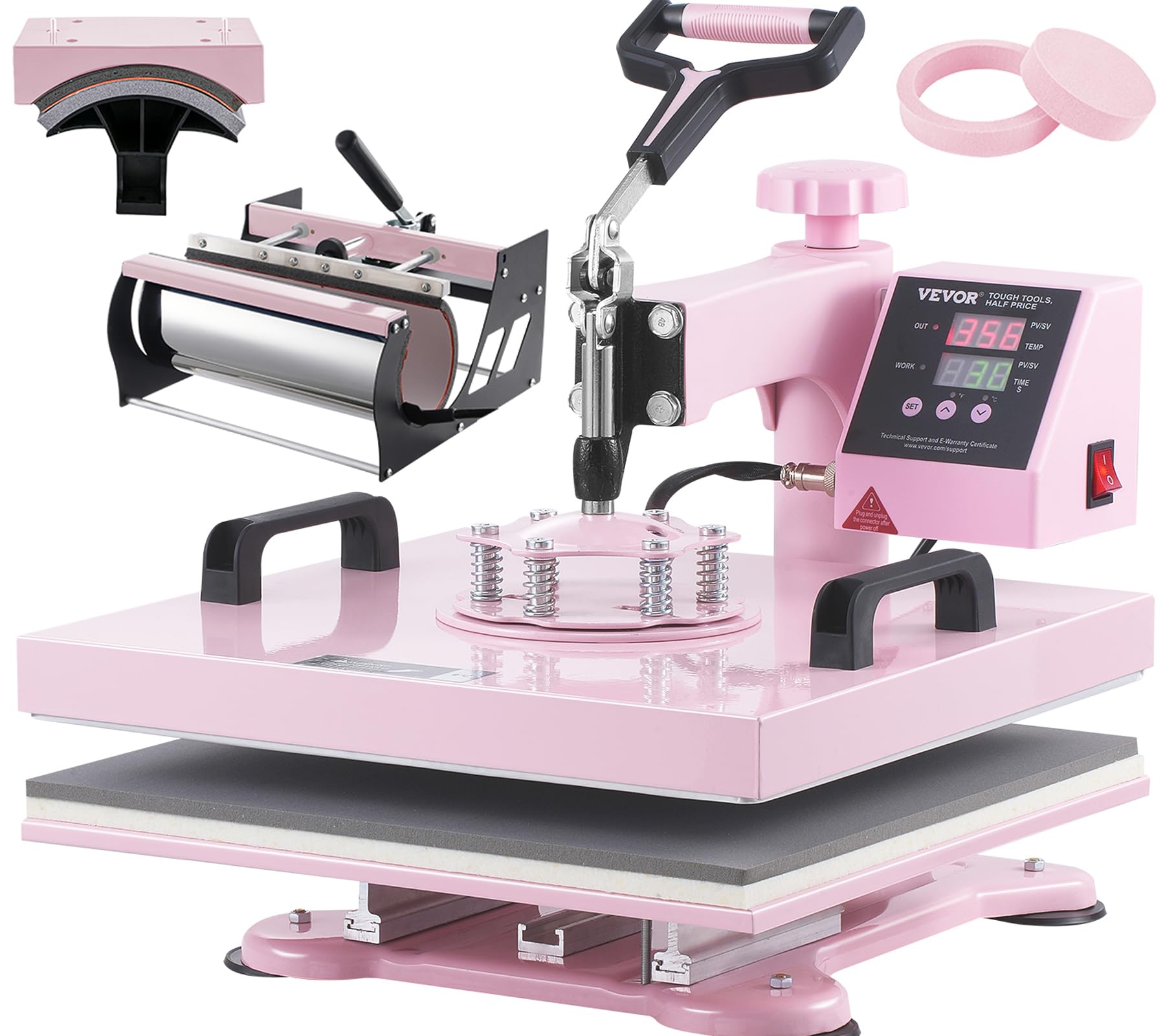 VEVOR 15x15 Inch 5-in-1 Heat Press Machine for T-Shirts, Hats, Mugs & Plates - Includes 30oz Tumbler Press - Perfect for Sublimation, DIY Crafts & Small Business (Pink)