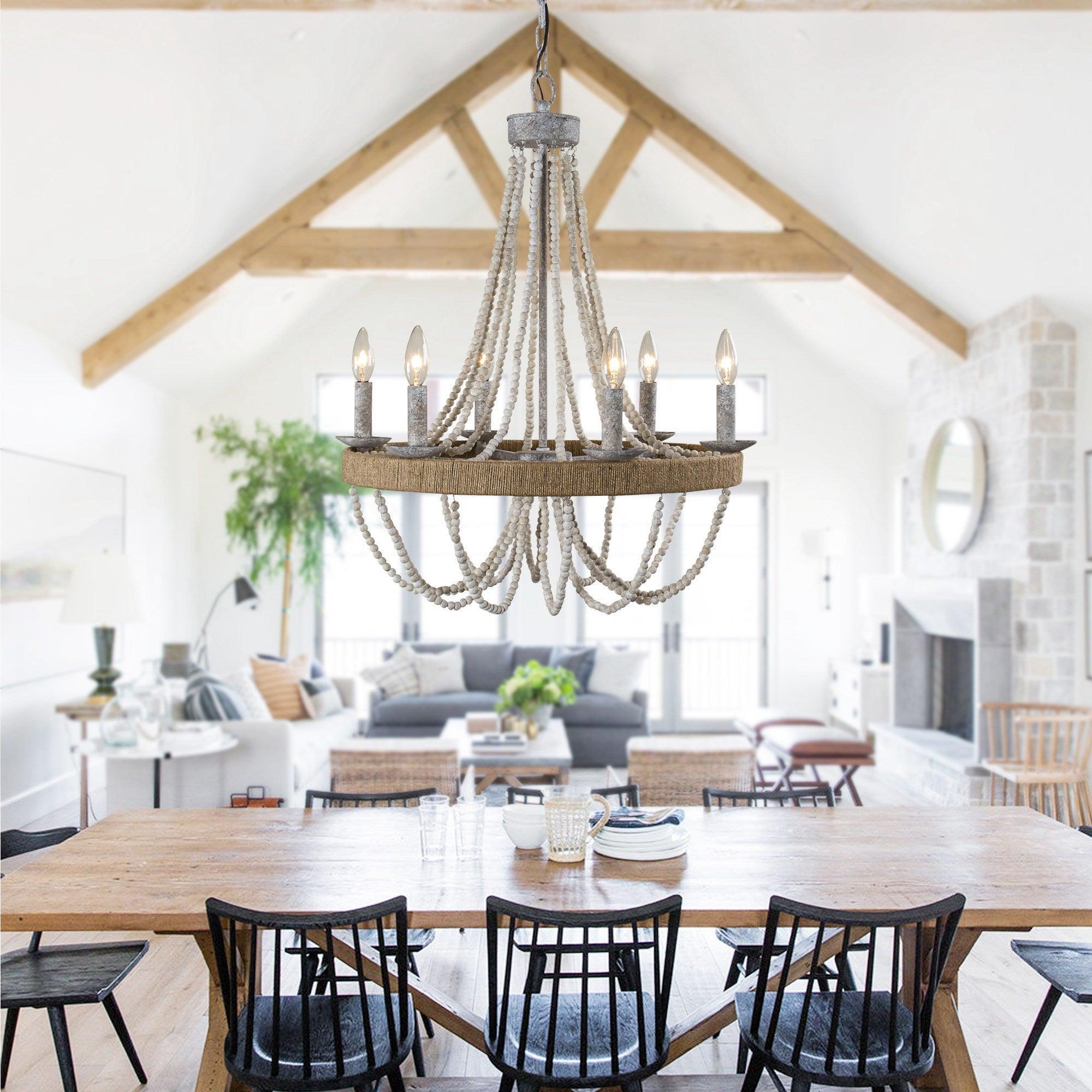 Chokio 6-Light Wood Bead Chandelier - Rustic Farmhouse Ceiling Light Fixture for Dining Room, Bedroom, or Living Room Decor