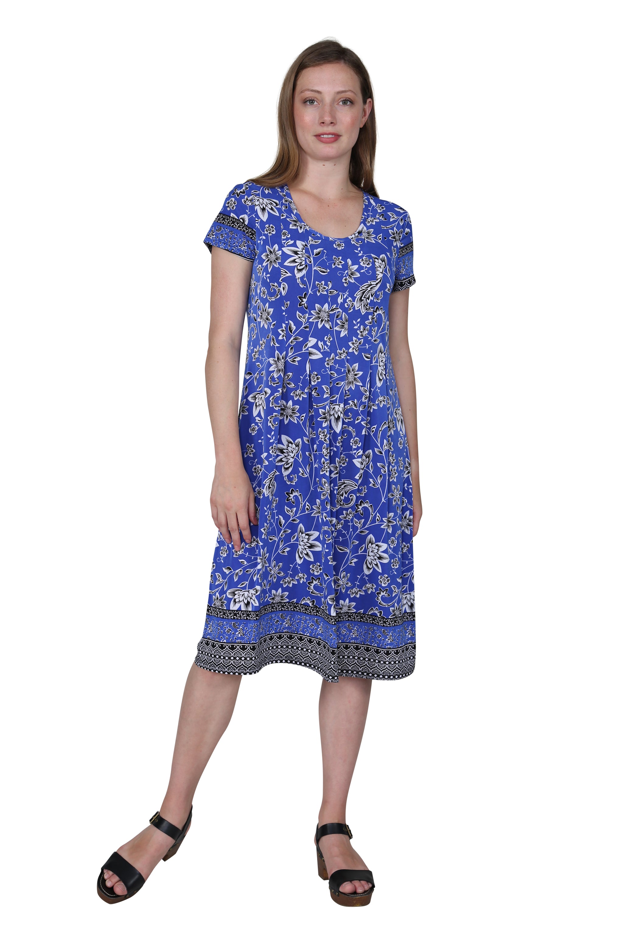 Floral Border Print Short Sleeve Dress for Women - Summer Casual Flowy Dress with Elastic Waist, Perfect for Beach, Vacation & Outdoor Parties