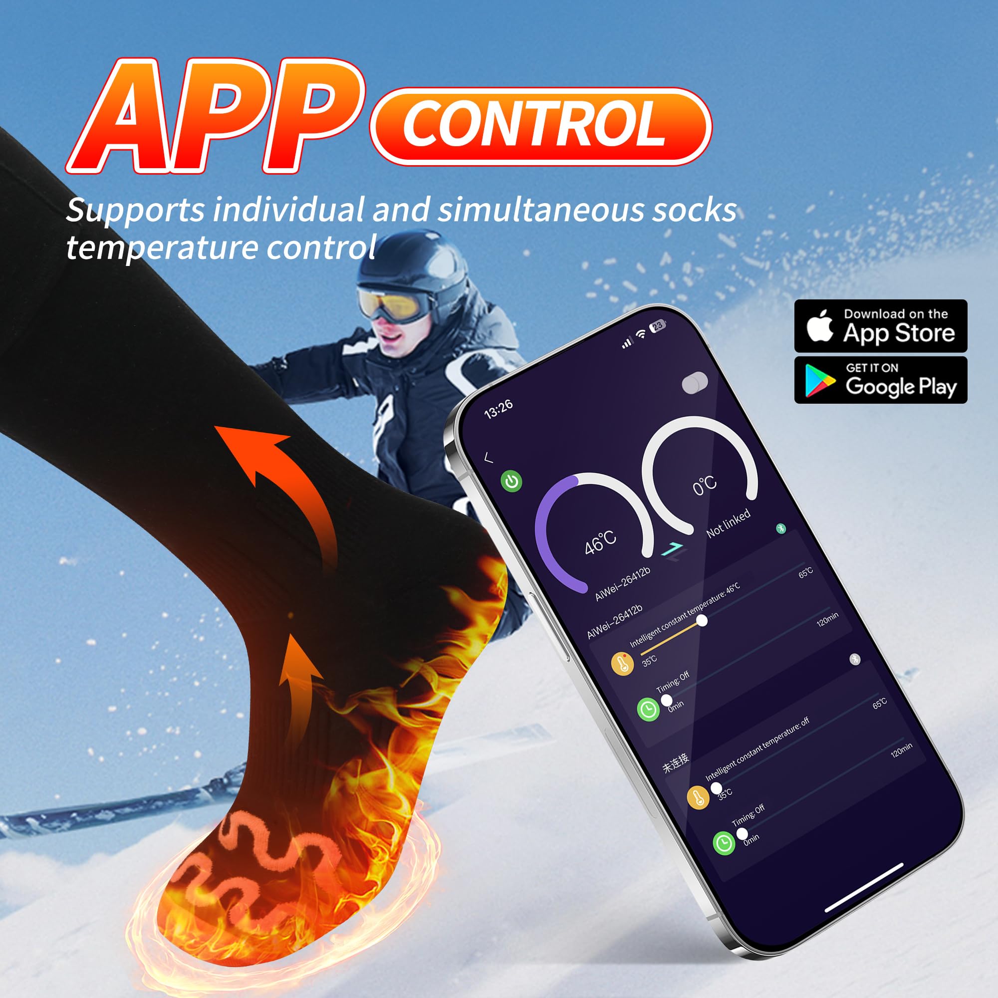 Rechargeable Heated Socks for Men & Women - 7.4V 6000mAh Battery, 17H Heat, 10s Fast Warm-Up, 5-Level Temperature Control, APP Remote - Washable Electric Foot Warmers for Skiing, Hiking, Camping & Winter Outdoor Activities