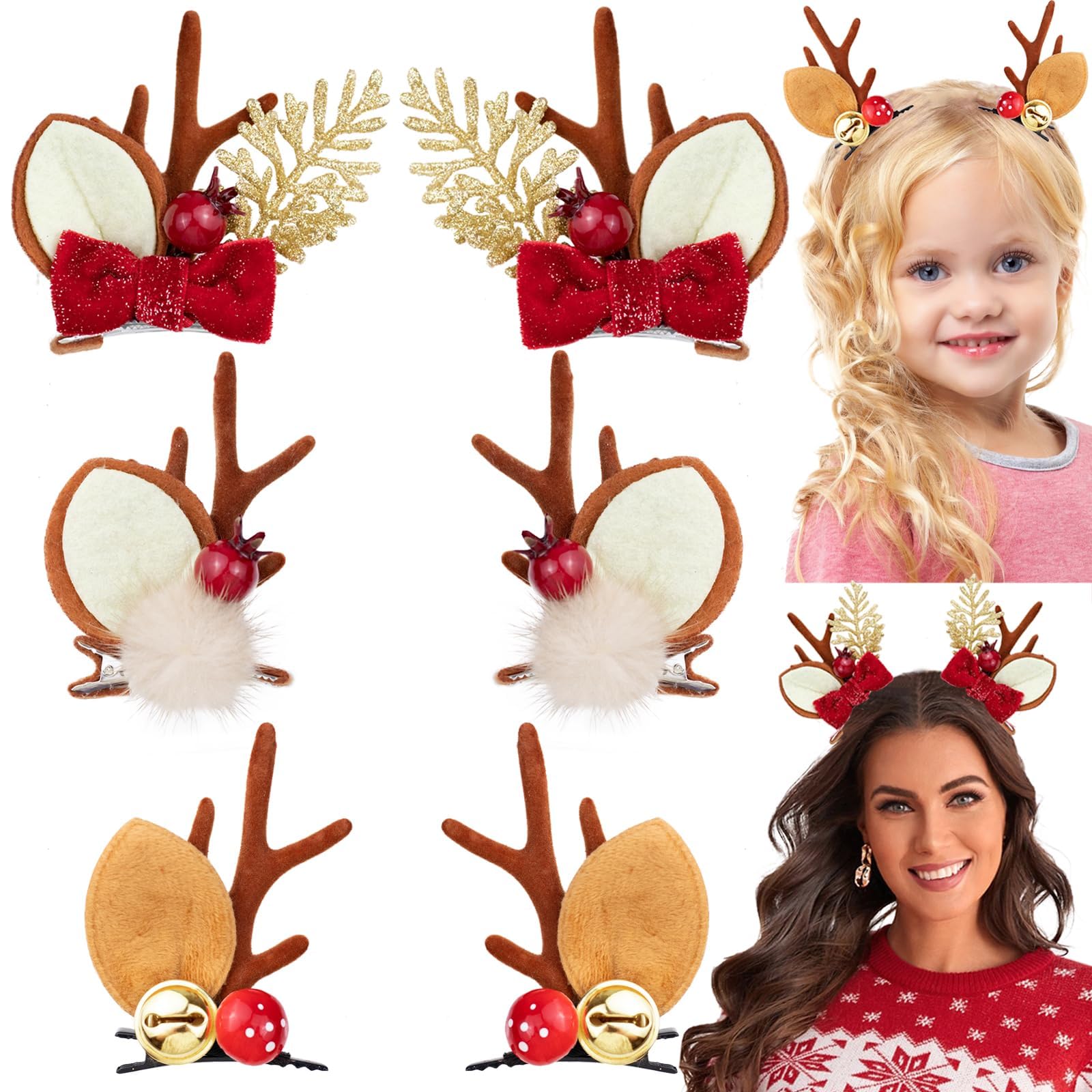 3 Pairs Christmas Hair Clips - Cute Reindeer Antlers Headbands for Women & Girls, Holiday Hair Accessories (Red/Green) - Perfect for Christmas Parties, Family Photos & Festive Celebrations