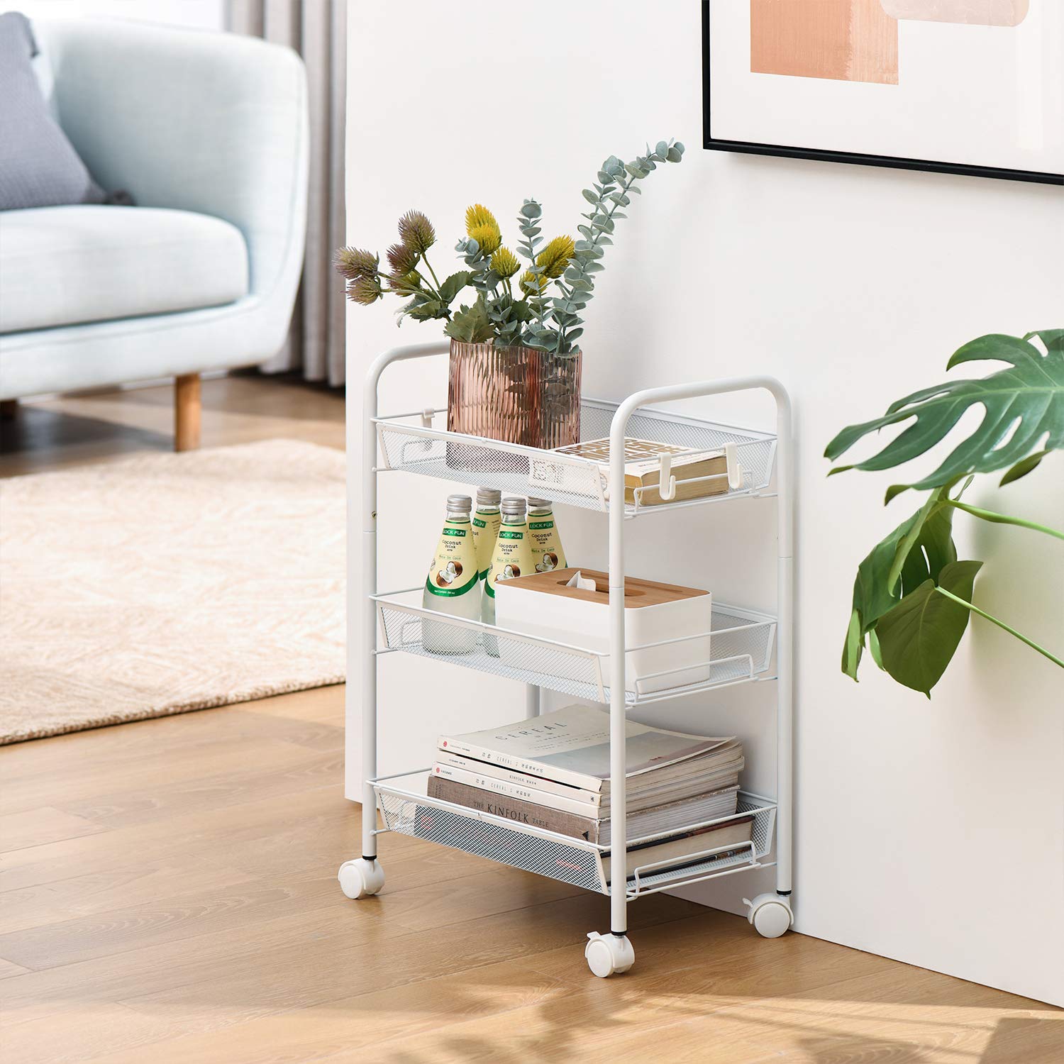 3-Tier Mesh Wire Rolling Storage Cart with 4 Casters & 2 Lockable Wheels - Multifunctional Utility Organizer for Home, Office, Kitchen, Bathroom & Bedroom - Perfect for Storing Groceries, Cleaning Supplies & Bathroom Essentials (White)