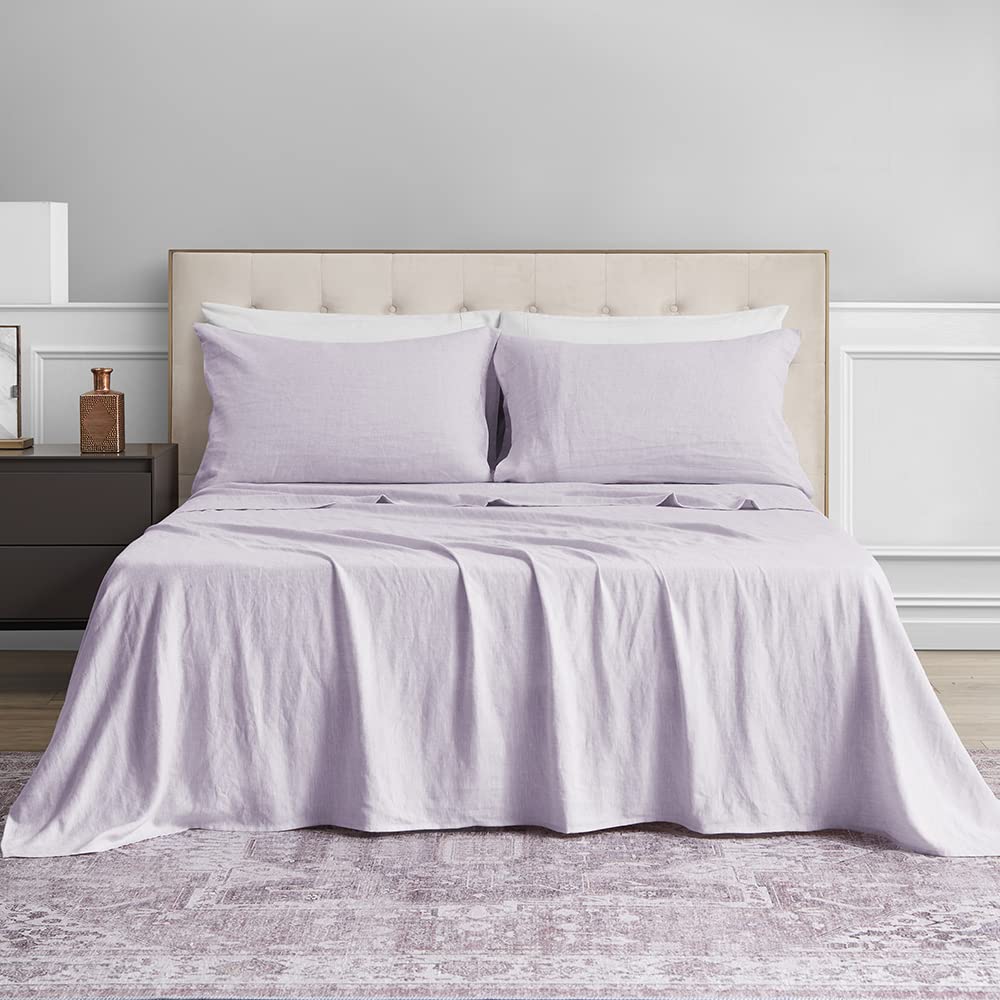 DAPU 100% French Linen Sheet Set - 4 Piece Breathable & Durable Bedding for Hot Sleepers (1 Flat Sheet, 1 Fitted Sheet, 2 Pillowcases) - Light Lilac, Full Size | Perfect for Summer Nights & Luxury Bedroom Upgrade