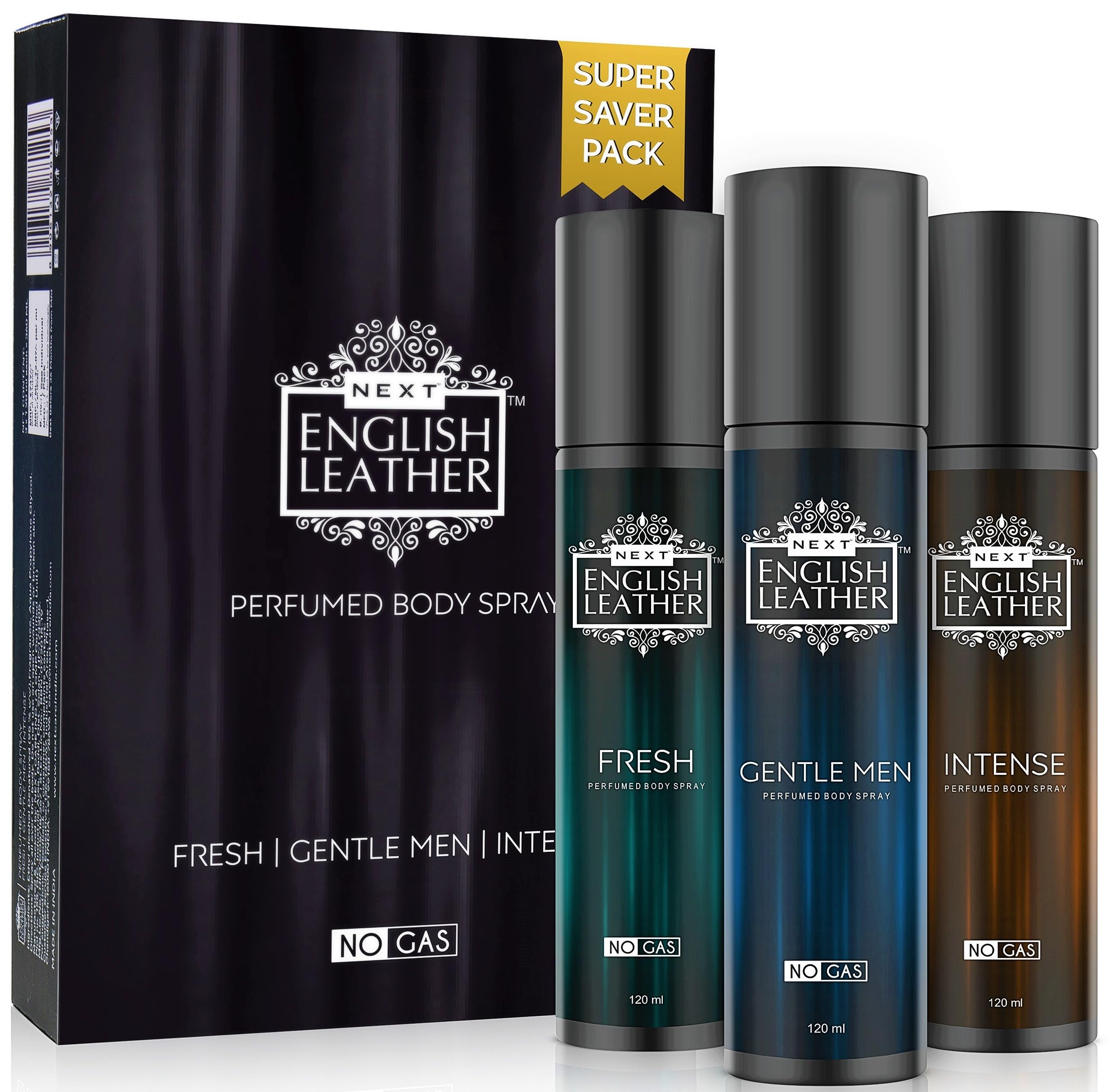 Next Care English Leather No Gas Deodorant Set of 3x120ml | Fresh, Gentleman & Intense Scents | Long Lasting Perfume Body Spray for Men | Valentine's Day Gift for Him | Aluminum-Free Deodorant Combo Pack | Ideal for Daily Use, Gym & Office | No Gas Deodorant for Men & Women