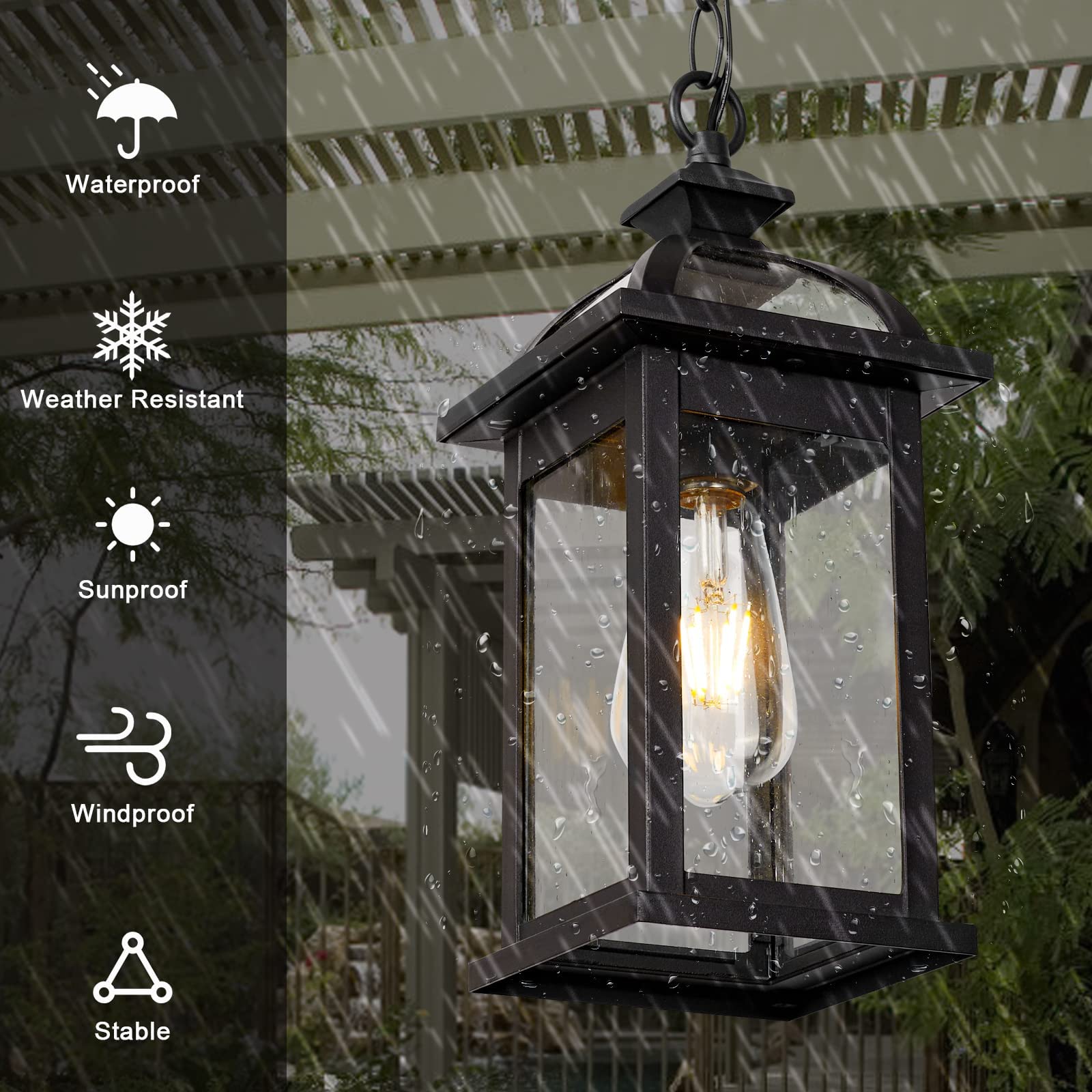 Darkaway Outdoor Pendant Light Fixture - 2 Pack Black Aluminum Hanging Lantern with Glass Shade for Porch, Patio, Entryway - Weatherproof Exterior Lighting for Home & Garden Decor
