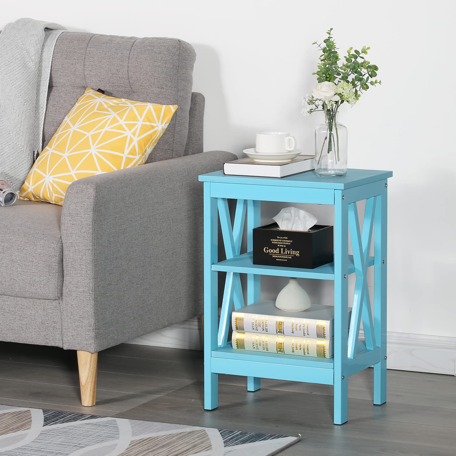 VECELO End Table with Storage Shelf - Nightstand for Living Room & Bedroom, Light Blue - Compact Side Table with Open Shelf for Books, Lamps & Decor (1 Pack) - Perfect for Small Spaces, Apartments & Dorm Rooms