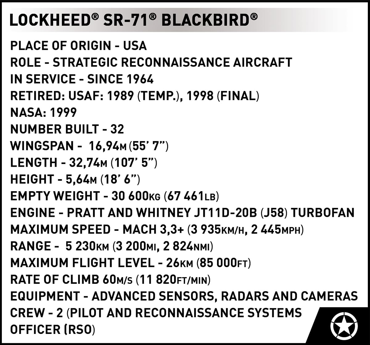 COBI Armed Forces Lockheed SR-71 Blackbird Aircraft Model Building Kit - Collectible Military Plane Toy for Adults & Kids | Perfect for Display, Gift Giving & Aviation Enthusiasts
