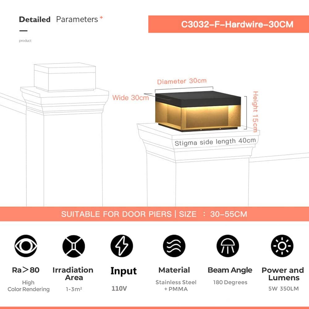 Modern Black Square Outdoor LED Pillar Lamp - 11.81 Inch Waterproof Aluminum Post Light for Patio, Deck, Garden Path & Entrance Gate - Durable Die-Cast Design for Park, Fence & Landscape Lighting Decor