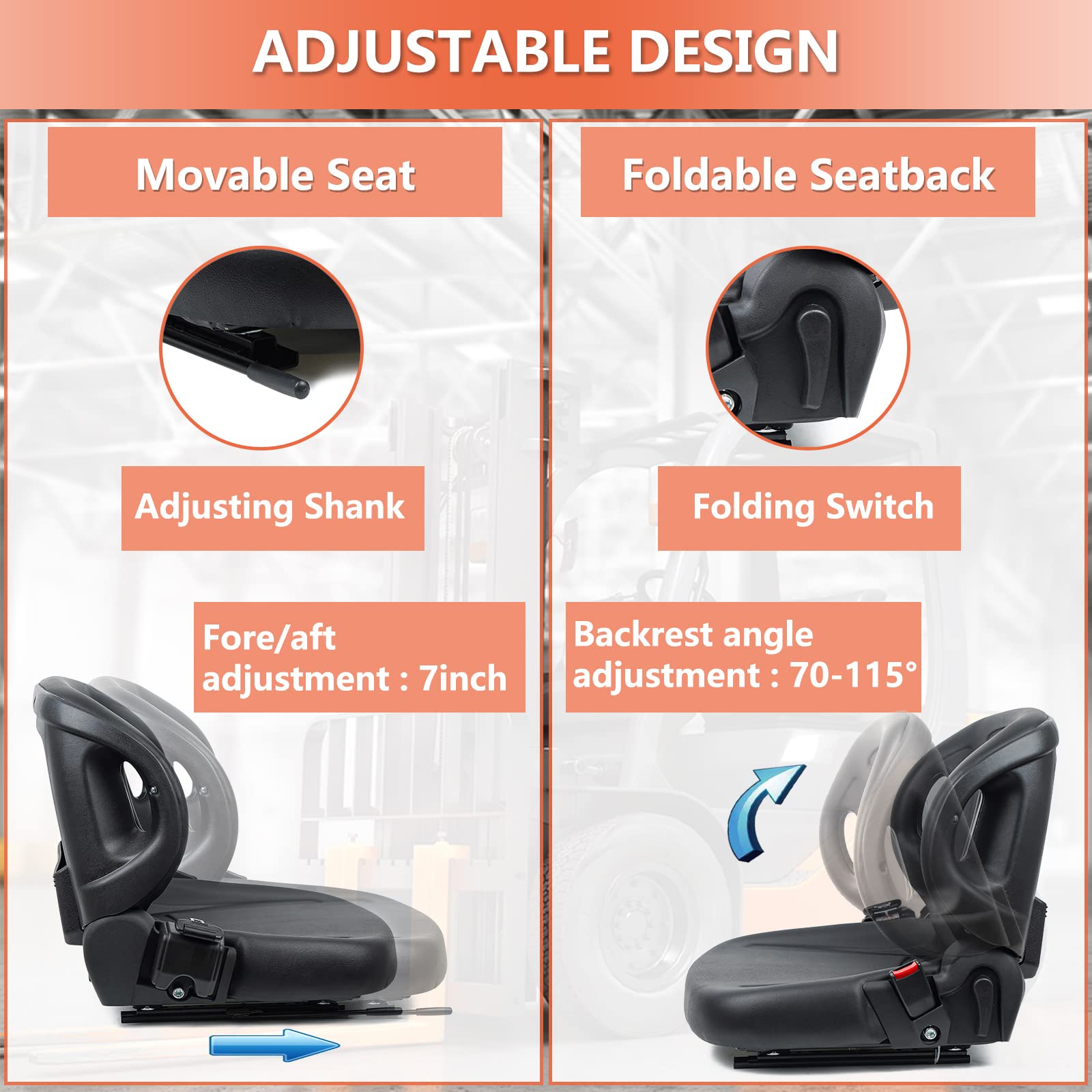 Universal Forklift Seat with Adjustable Backrest, Micro Switch & Safety Belt - Compatible with Toyota Forklift, Tractor, Excavator, Skid Loader, Backhoe, Dozer, Telehandler - Heavy Duty Ergonomic Operator Seat for Construction & Industrial Equipment