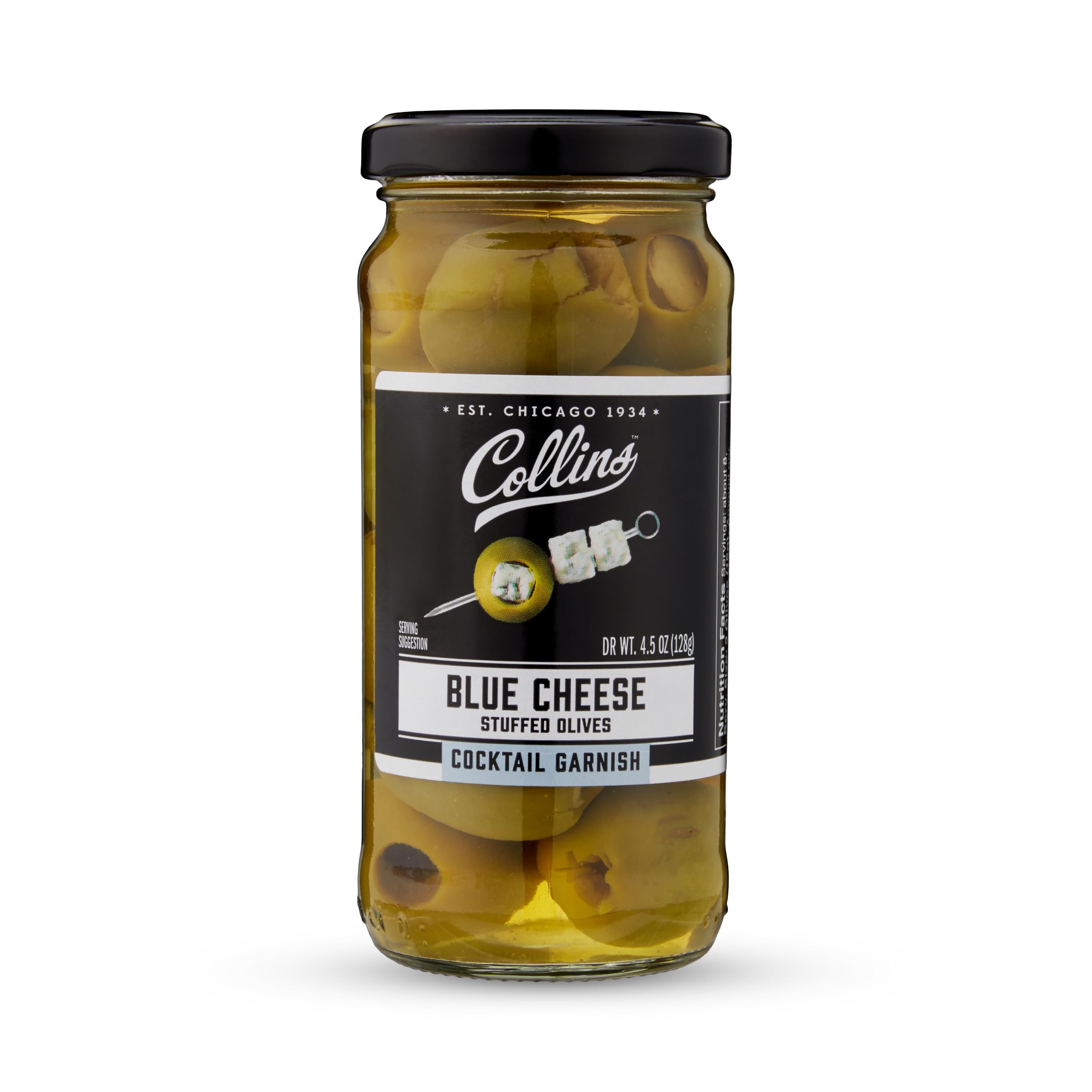 Collins Gourmet Blue Cheese Stuffed Olives – Premium Cocktail Garnish for Martinis & Bloody Marys – Perfect for Charcuterie Boards, Snack Trays & Salads – Gourmet Condiment Olives 4.5oz – Ideal for Parties, Happy Hours & Upscale Entertaining