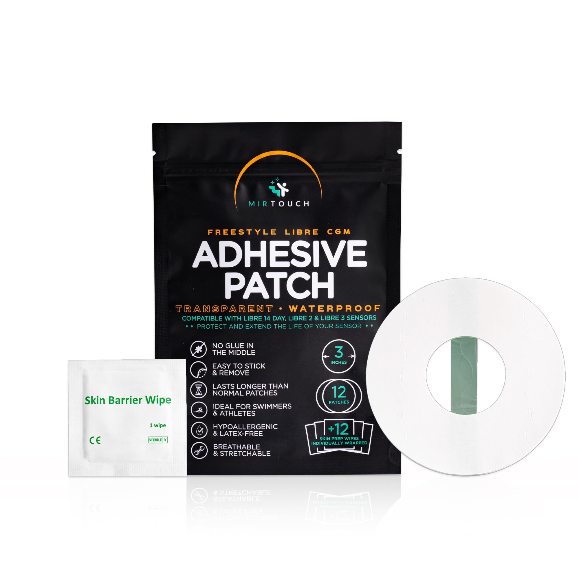 Freestyle Libre 1 2 3 Waterproof Adhesive Patches - 60 Pack with Skin Prep Wipes - Hypoallergenic CGM Sensor Cover for Diabetes Management - Transparent Medical Tape for Swimming, Showering & Active Lifestyle