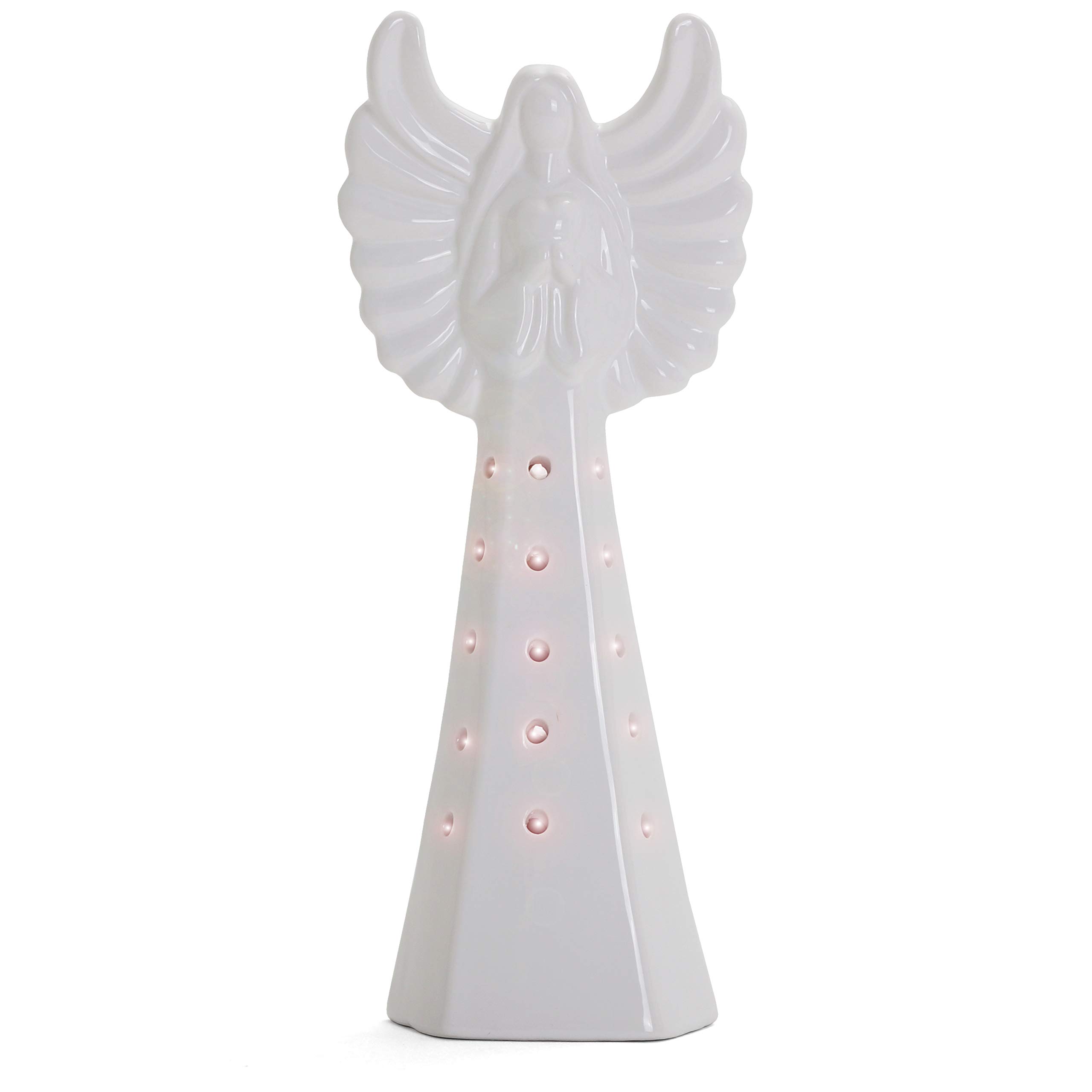 White Ceramic Christmas Angel - High Gloss Light Up Nativity Decor for Tabletop, Tree & Holiday Display - Tall Angel Ornament with Warm Glow for Home, Church & Christmas Village Scenes