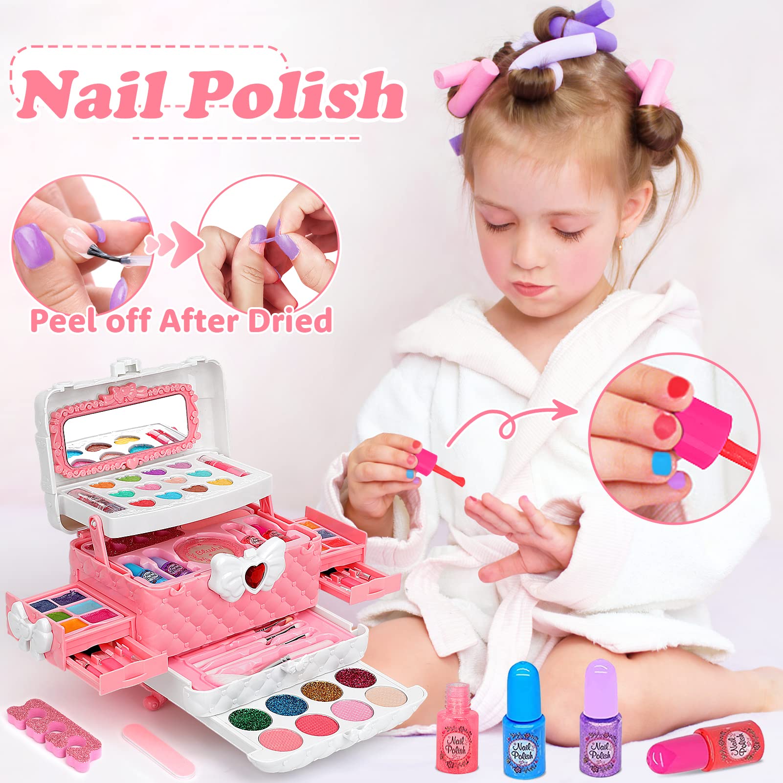 55 Pcs Washable Makeup Toy Set for Girls - Princess Pretend Play Cosmetics Kit, Safe & Non-Toxic Kids Makeup Gift for Birthday & Dress-Up Party
