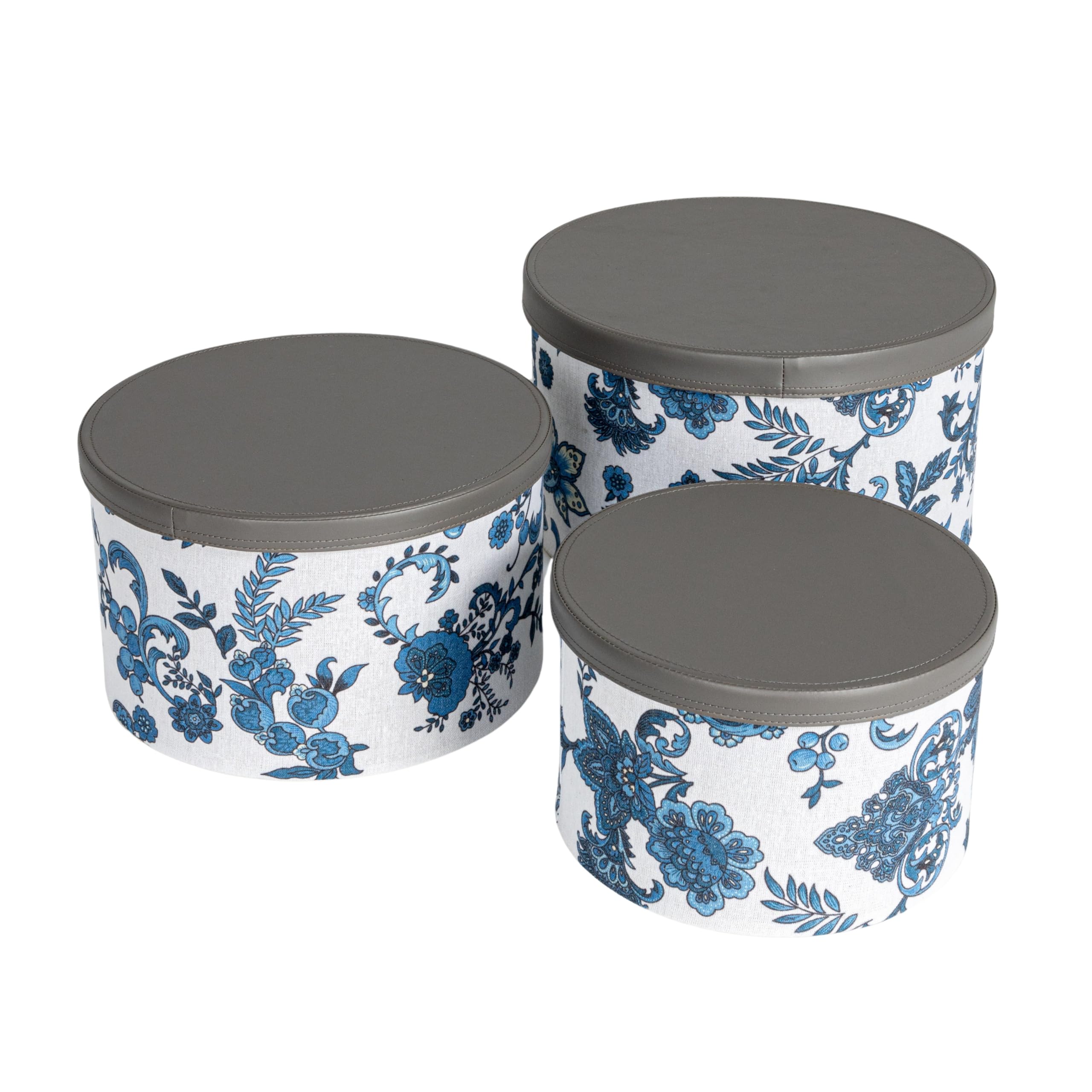 Premium Floral Nestable Hat Boxes with Faux Leather Lids - Cream & Blue Set of 3 | Stylish Home Storage for Hats, Scarves & Accessories | Perfect for Closet Organization & Gift Packaging