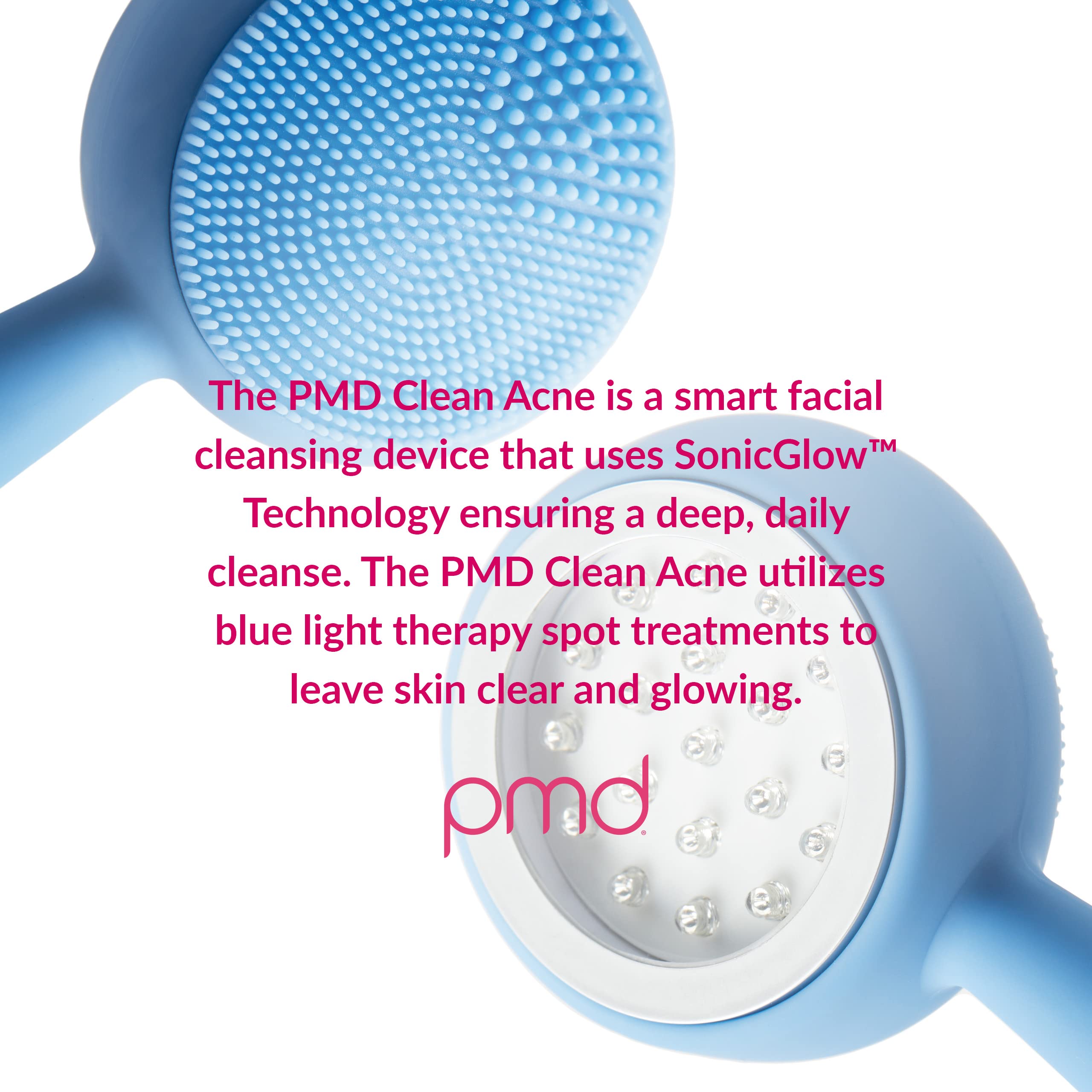PMD Clean Acne Smart Facial Cleansing Device - Waterproof Silicone Brush with Blue Light Therapy for Acne Treatment | SonicGlow Vibration Technology to Clear Pores, Blackheads & Blemishes | Perfect for Daily Skincare Routine & Travel-Friendly Beauty Device