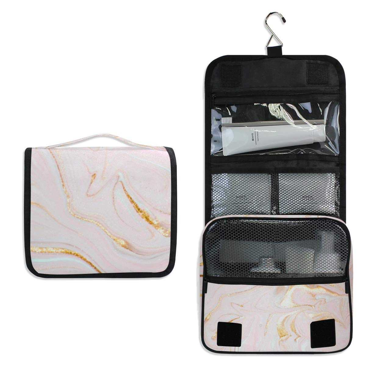 ALAZA Rose Gold Marble Travel Toiletry Bag - Hanging Cosmetic Organizer with Hook | Waterproof Makeup Pouch for Women | Perfect for Vacation, Gym & Daily Use