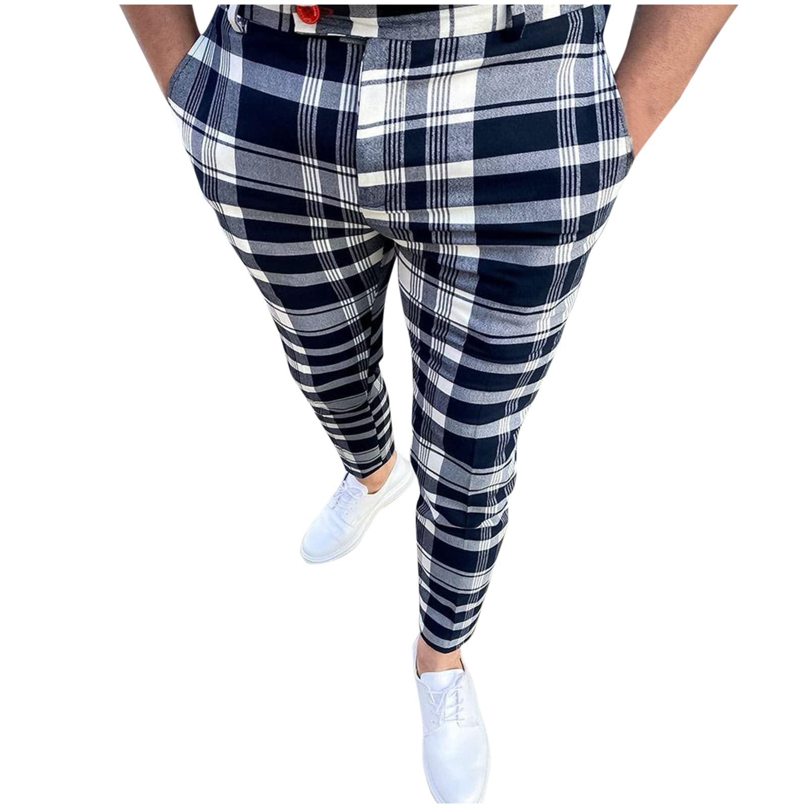 Men's Plaid Pencil Pants - Slim Fit Striped Patchwork Business Casual Trousers for Office & Work | Professional Skinny Flat-Front Dress Pants for Business Meetings & Smart Casual Outfits