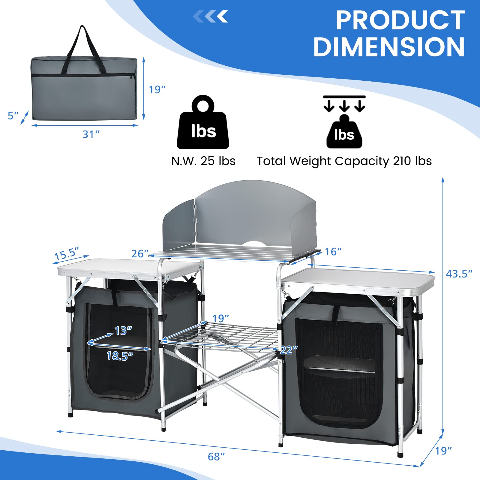 Tangkula 2-Tier Aluminum Folding Camping Table with Windscreen - Portable Outdoor Cooking Station with Storage Shelves & Carry Bag - Perfect for Camping, Picnics, BBQs, Beach Parties & Tailgating