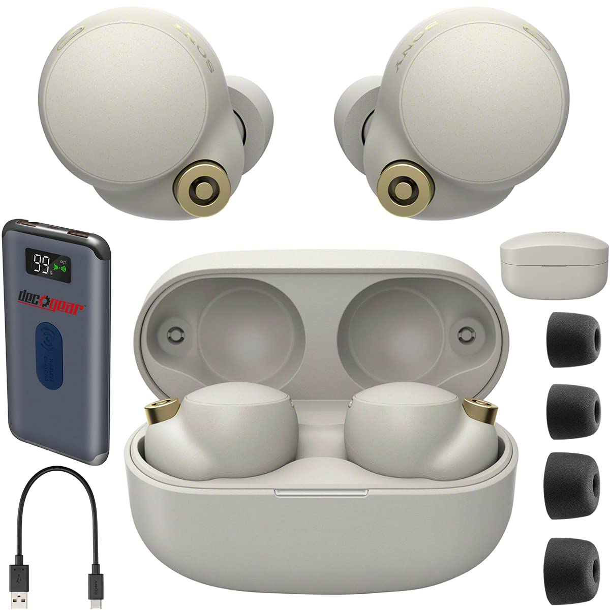 Sony WF-1000XM4 Wireless Earbuds with Industry-Leading Noise Cancellation & Alexa Built-in (Silver) | Includes Charging Case & Deco Gear Portable Charger | Perfect for Travel, Workouts & Commuting