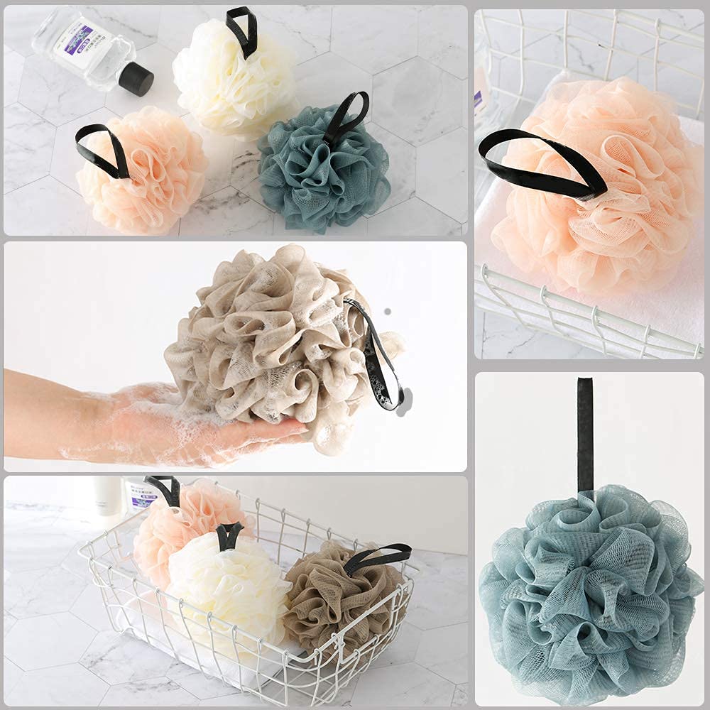 BlueFinger Bath Pouf Mesh Loofah Sponge - Soft Exfoliating Shower Pouf for Gentle Skin Cleansing, 4-Pack - Perfect for Daily Shower, Spa & Body Wash Routine