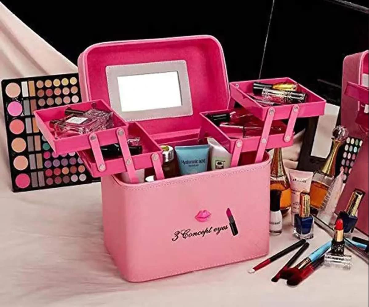 RONTENO 18cm Makeup Vanity Box with Mirror - Pink Cosmetic Travel Bag for Women | Home & Travel Use