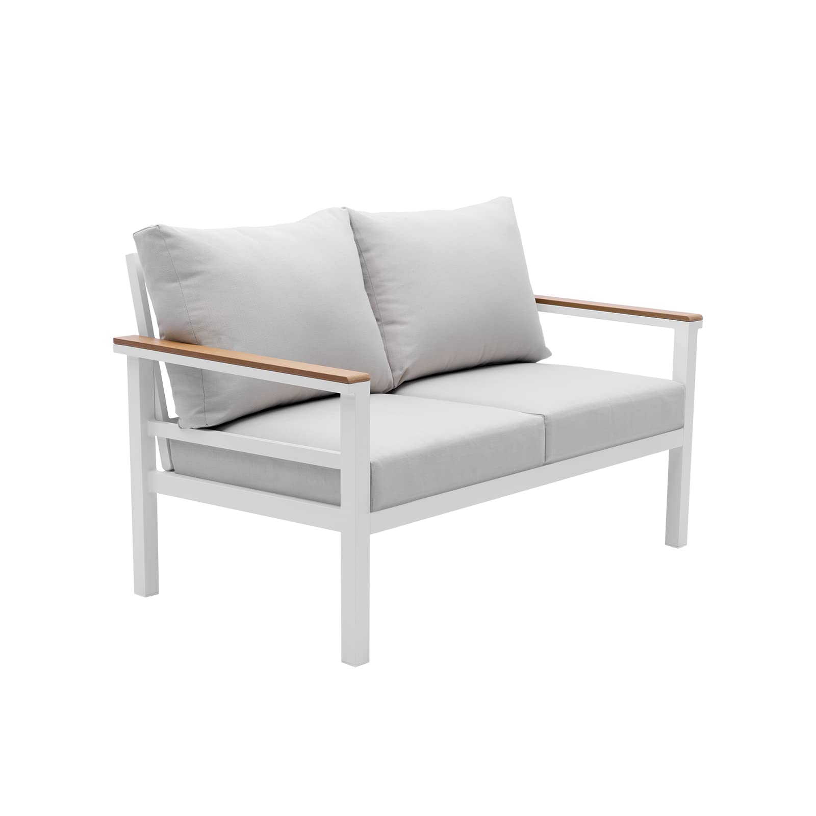 Outdoor Patio Furniture Set - 2 Seater Aluminum Loveseat Sofa with Beige All-Weather Cushions, White Frame - Perfect for Garden, Balcony, Backyard & Poolside Relaxation