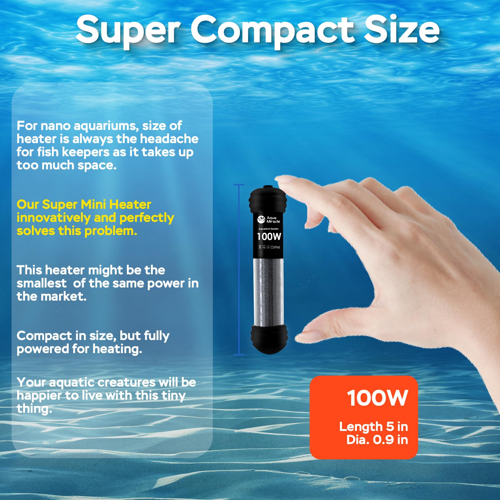 AquaMiracle 100W Small Aquarium Heater - Super Mini Fish Tank & Turtle Tank Heater for 10-20 Gallon Tanks | Dual LED Display, Dry-Run & Overheating Protection, Memory Function | Perfect for Home, Office & Classroom Aquariums