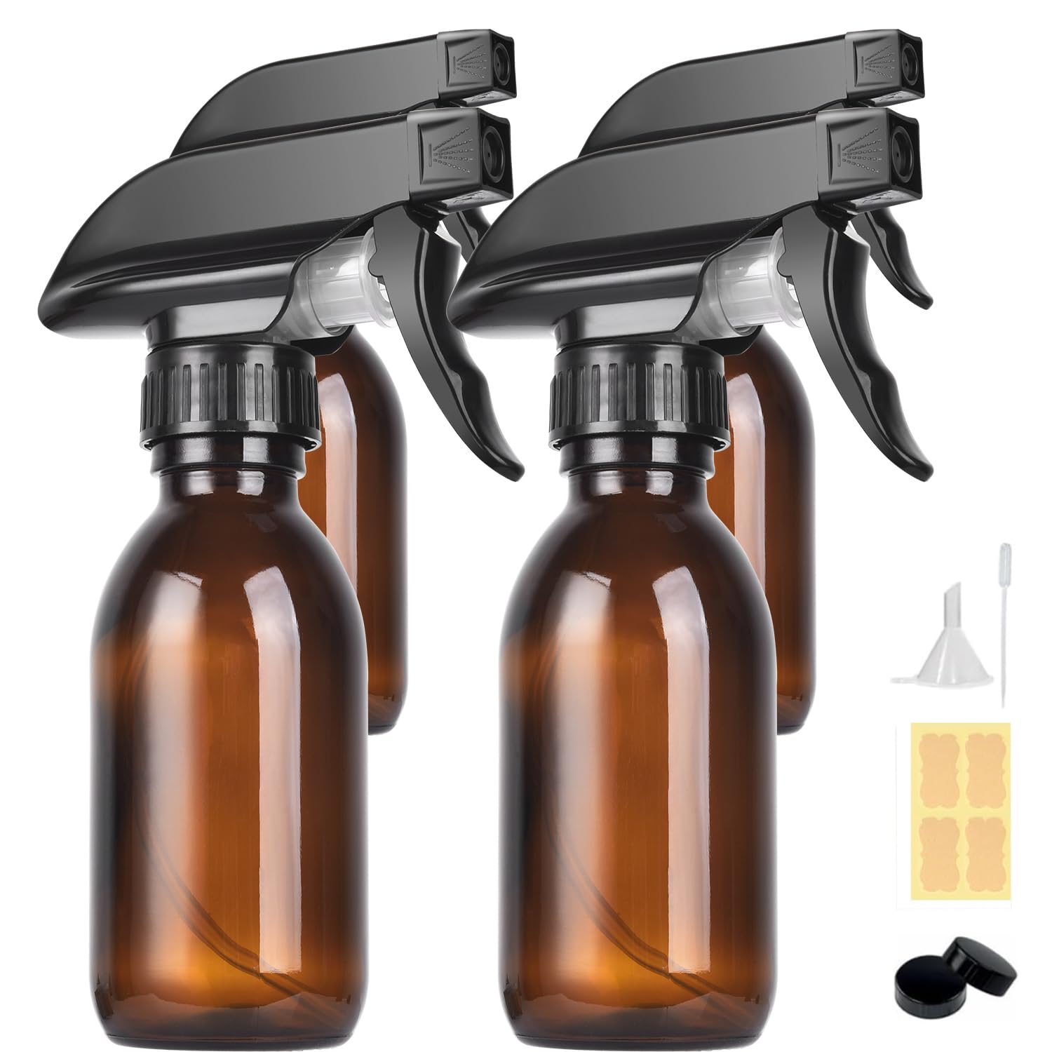 4 Pack 4 oz Amber Glass Spray Bottles - Refillable Empty Bottles for Cleaning Solutions, Hair Care, Essential Oils, Plants - Durable Nozzle with Labels & Funnel - Perfect for DIY, Home Cleaning, Skincare, and Aromatherapy